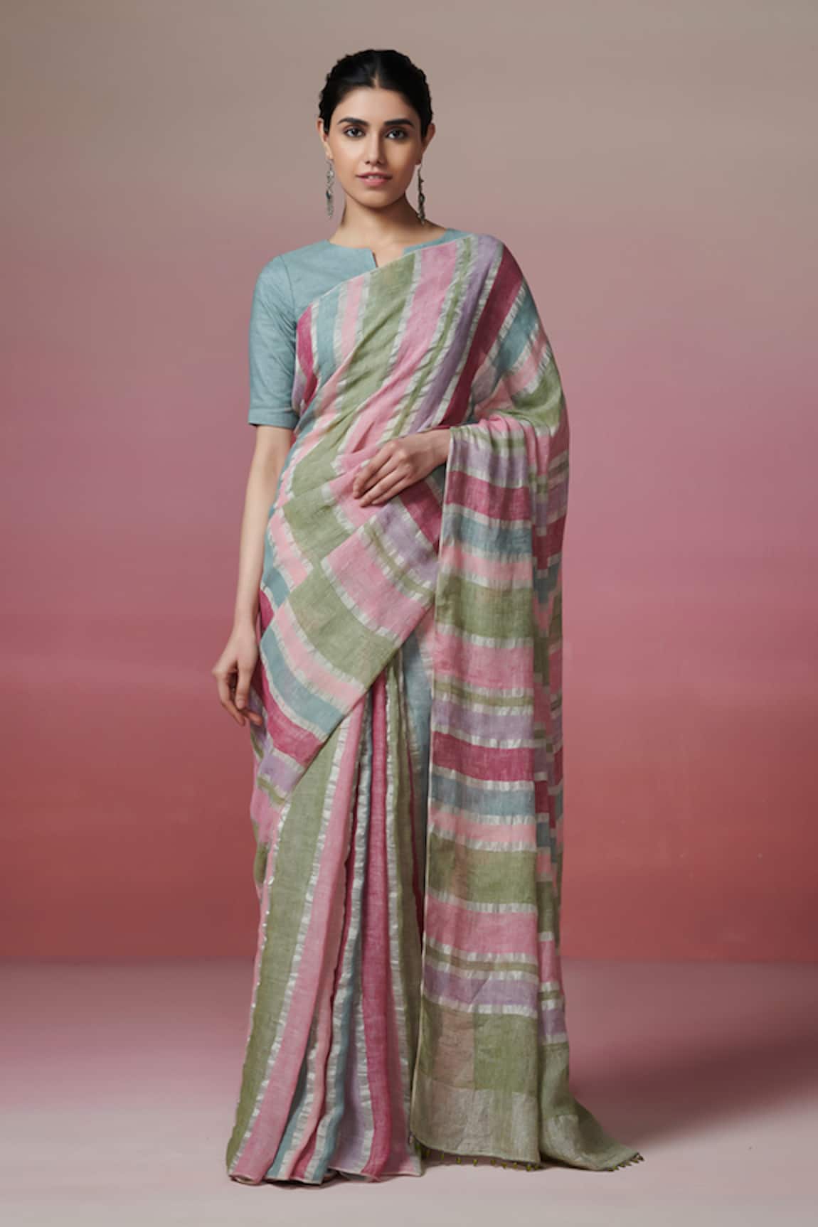 Dressfolk Multi Color Handloom Linen Saree & Blouse 