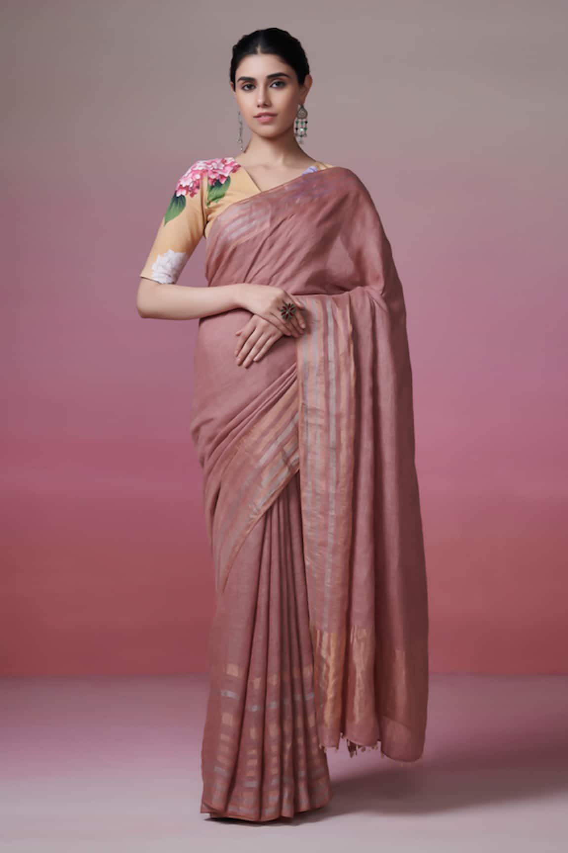 Dressfolk Handloom Linen Onion Pink Saree Set 