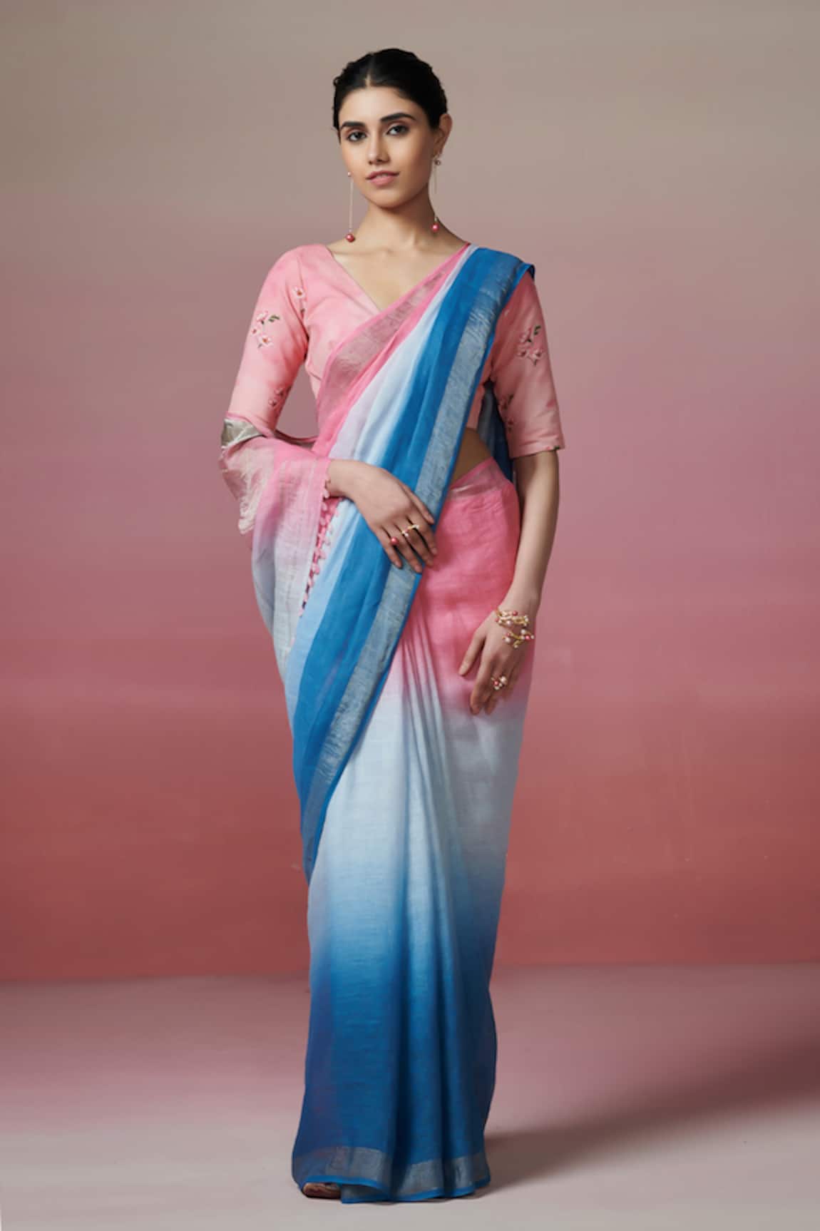 Dressfolk Pink & Blue Handloom Linen Saree Set 