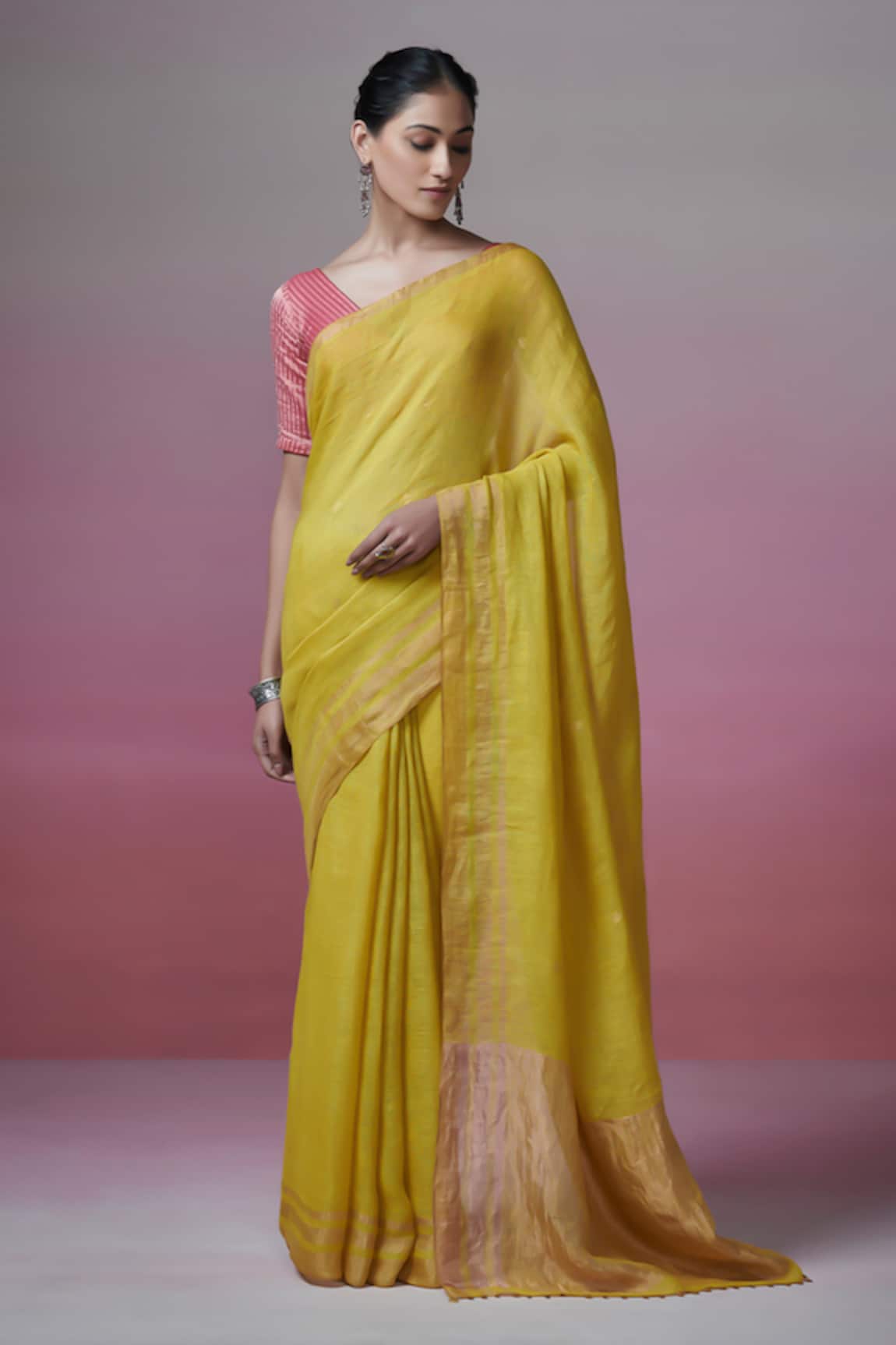 Dressfolk Yellow Handloom Linen Saree With Blouse 