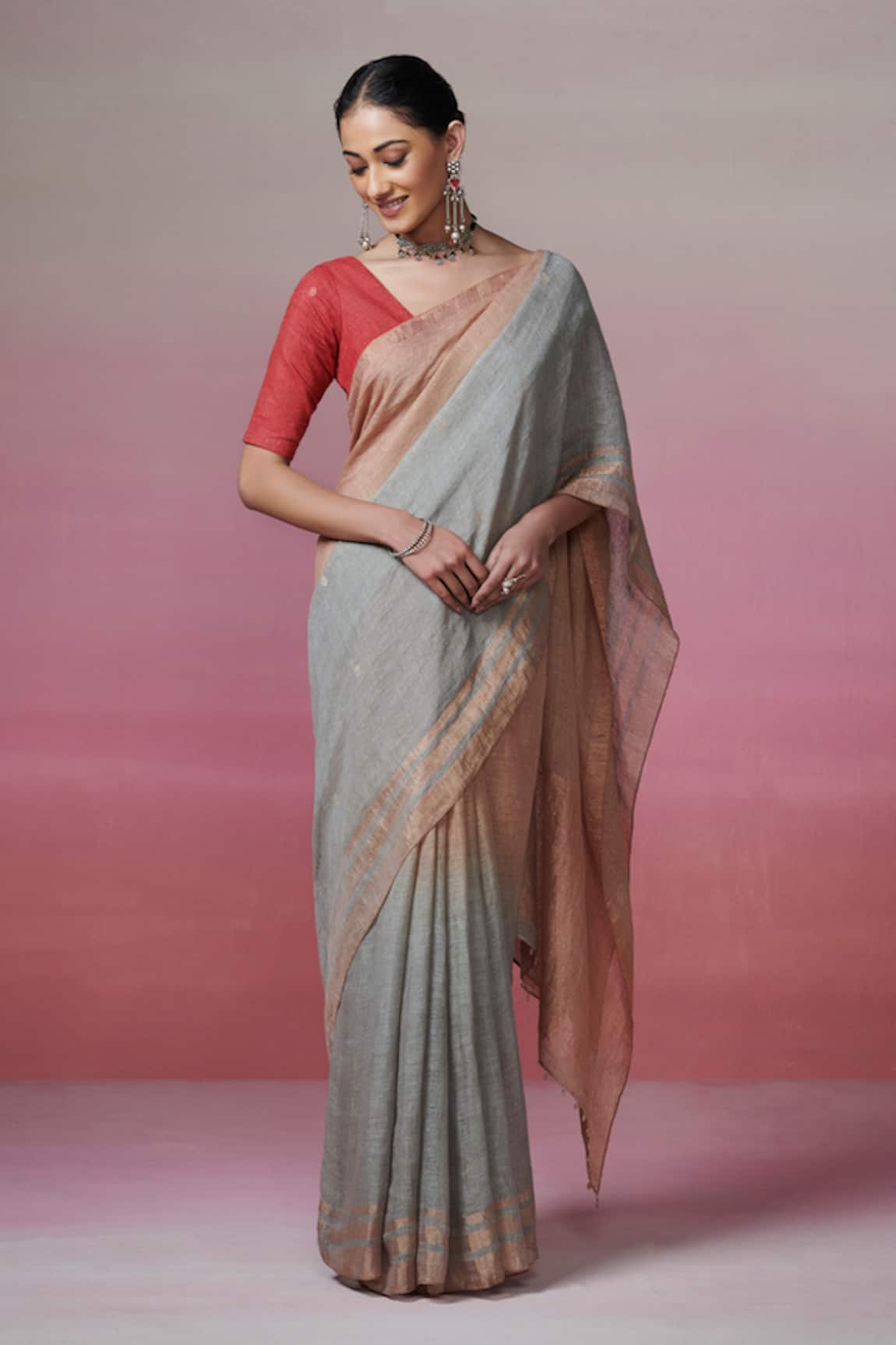 Dressfolk Gold & Grey Handloom Linen Saree Set 