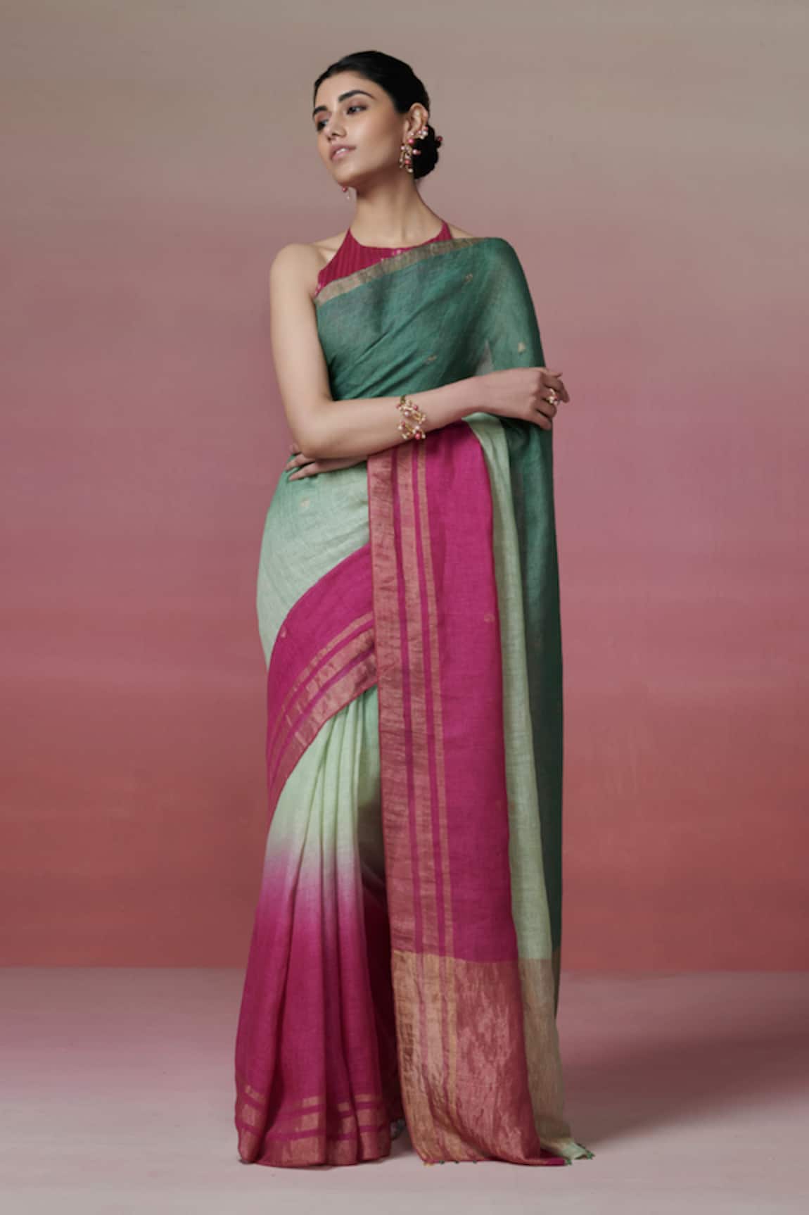 Dressfolk Handloom Linen Green & Magenta Saree Set 