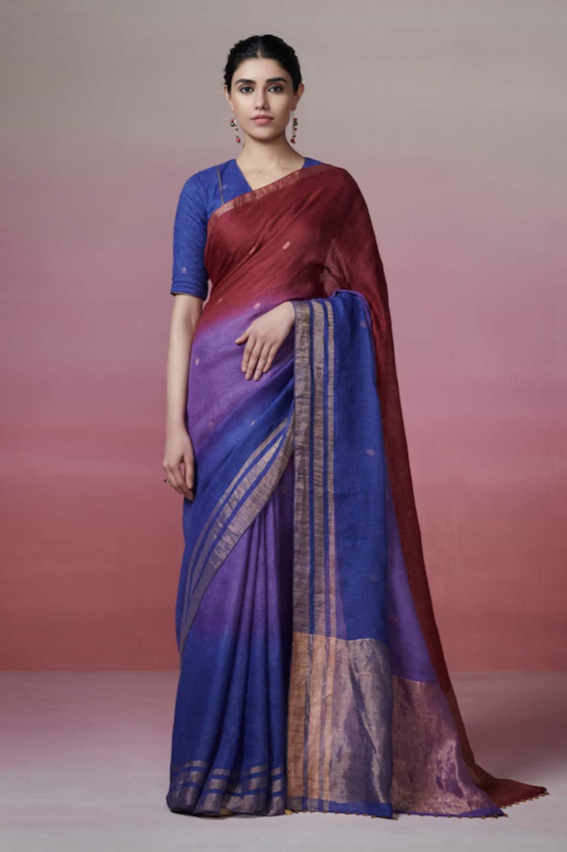 Dressfolk Maroon & Blue Handloom Linen Saree Set 