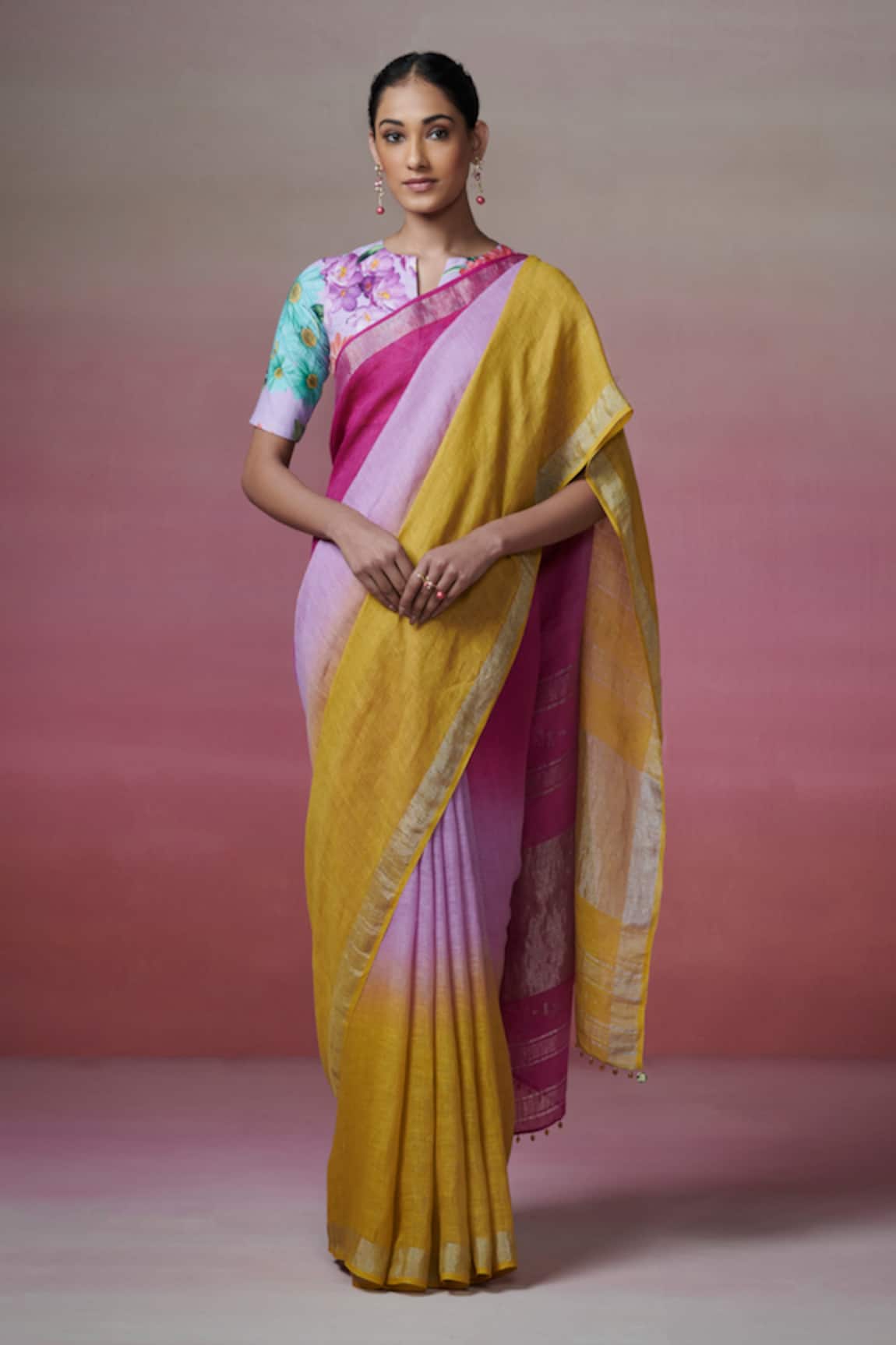 Dressfolk Magenta Handloom Linen Saree Set 