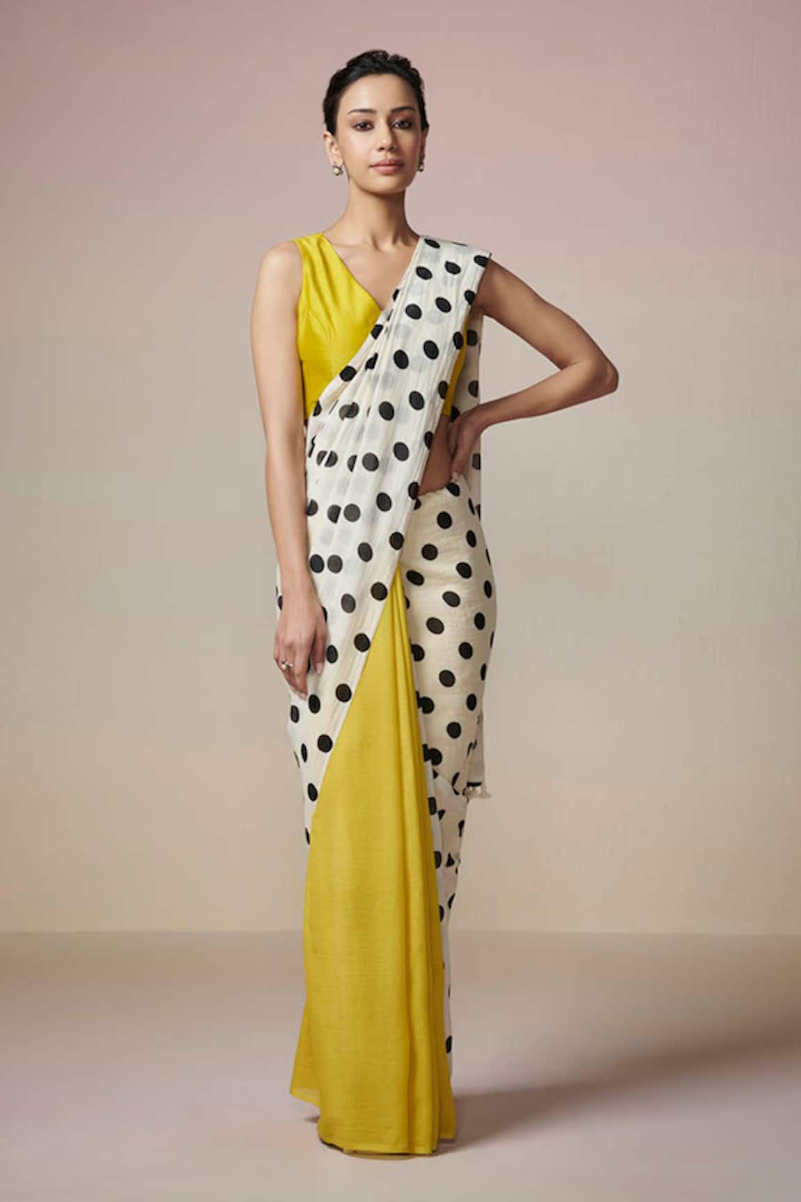 Dressfolk Yellow & White Polka Dot Handloom Saree 