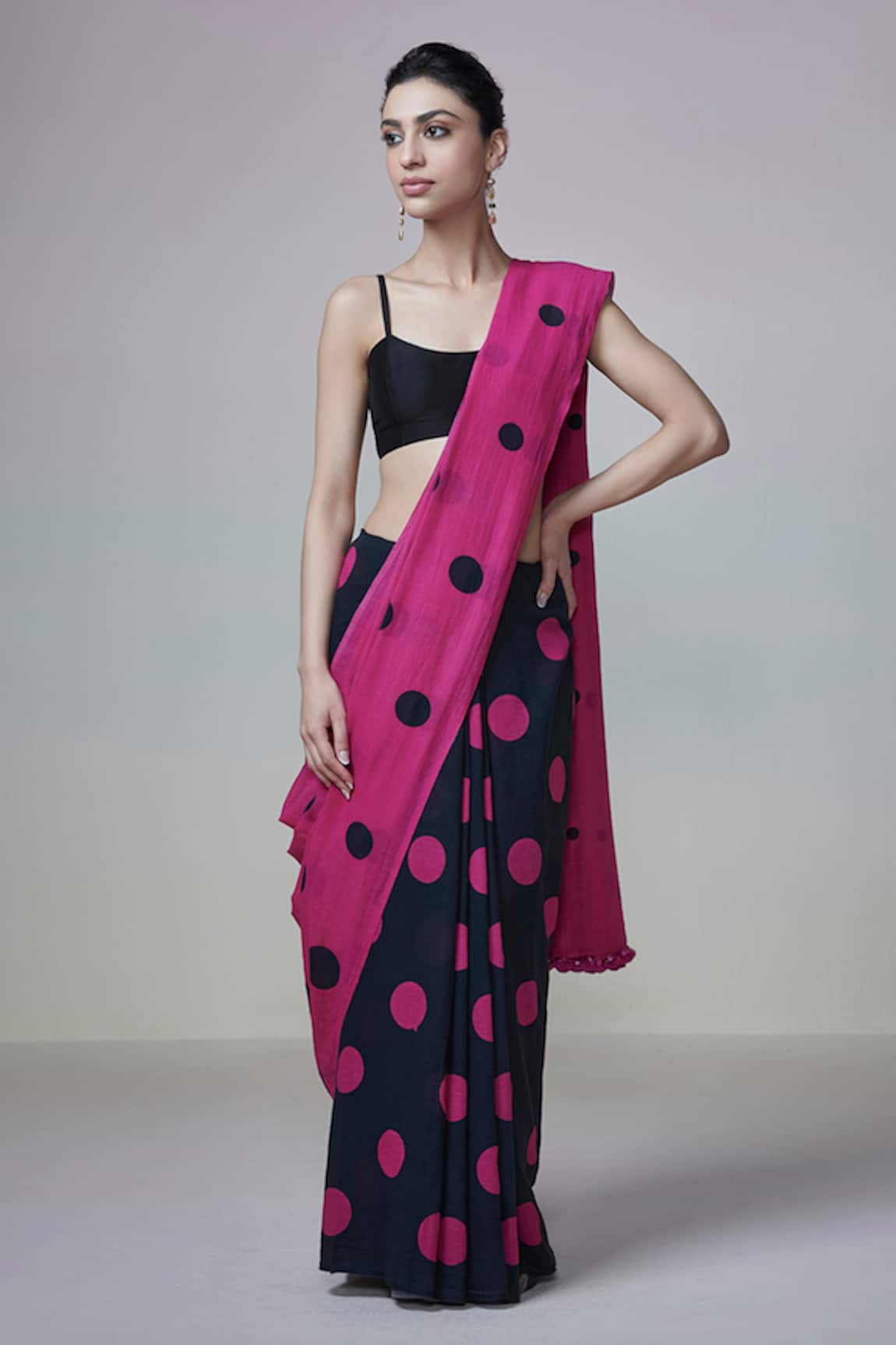 Dressfolk Magenta Polka Dot Handloom Cotton Saree 