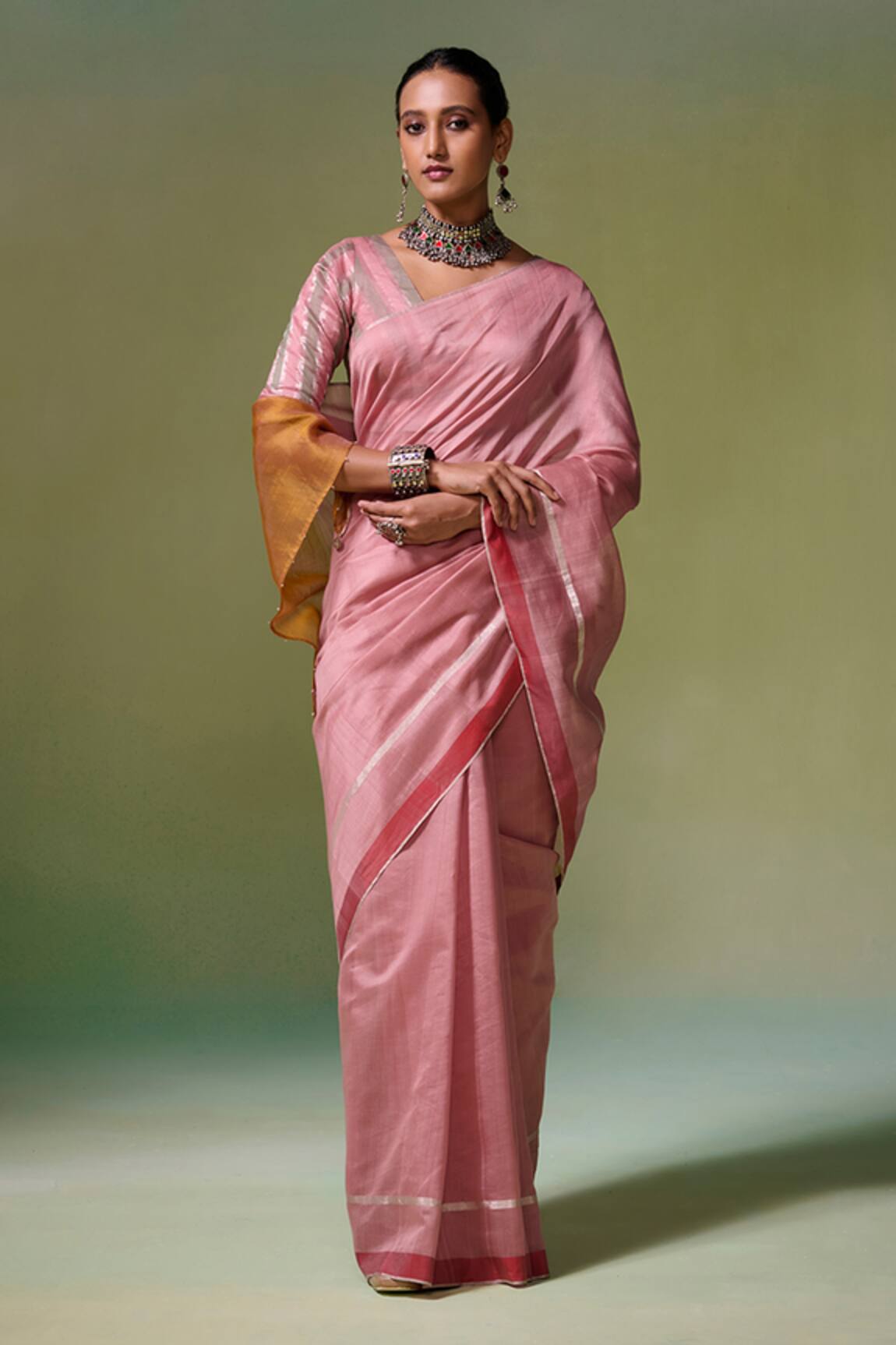 Dressfolk Handloom Chanderi Pink Saree Set 