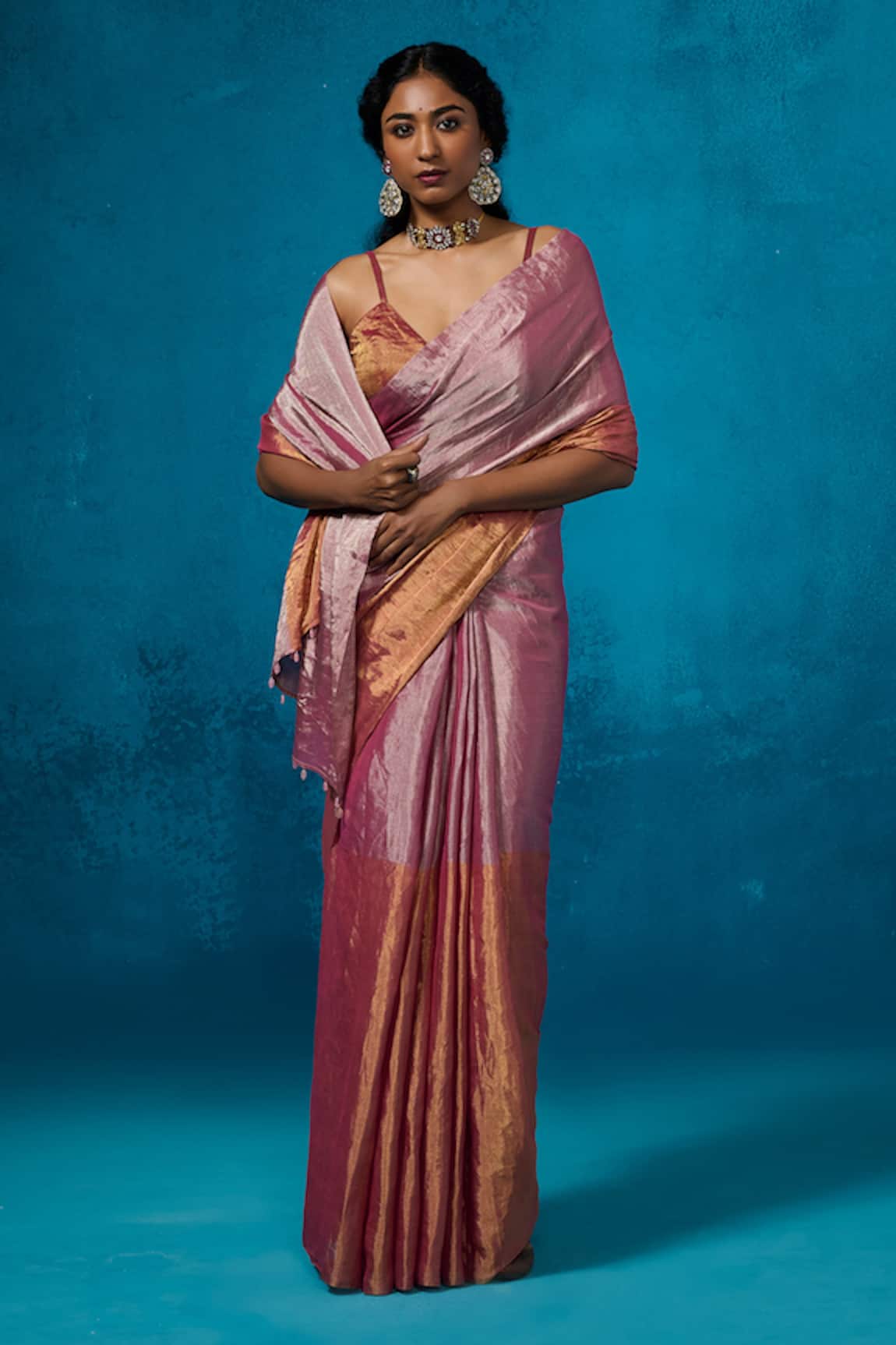 Dressfolk Handloom Tissue Pink & Orange Saree Set 