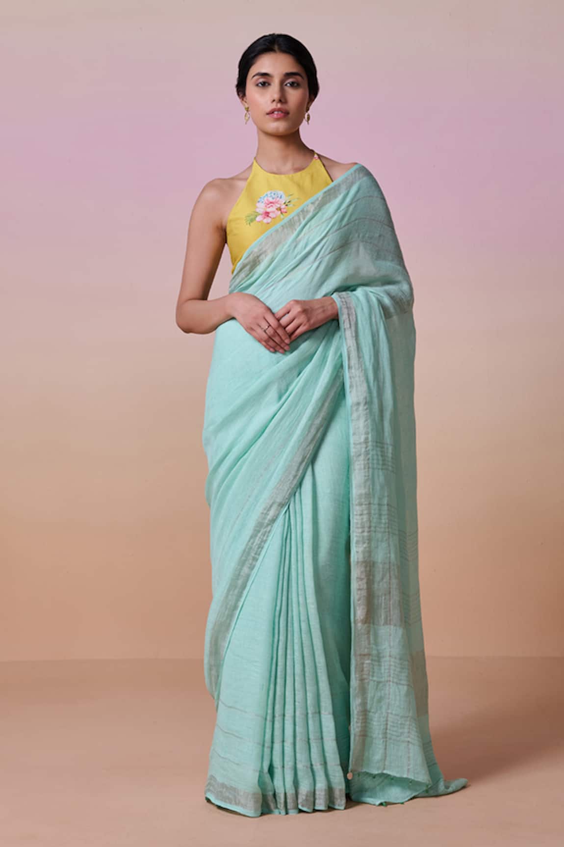Dressfolk Sky Blue Handloom Linen Saree Set 