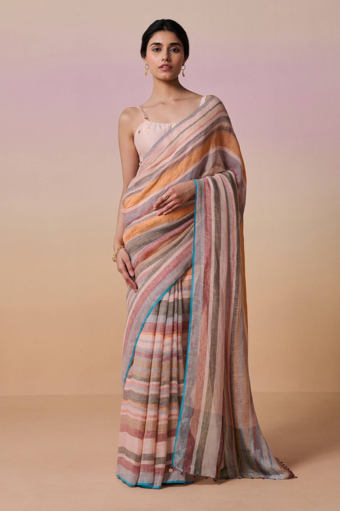 Dressfolk Multi-Color Handloom Linen Saree Set 