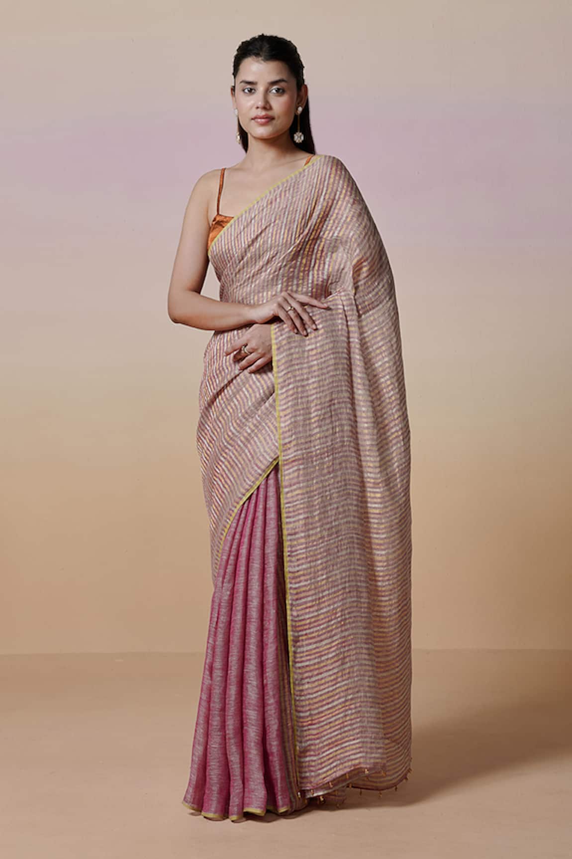 Dressfolk Handloom Linen Rose Pink Saree Set 