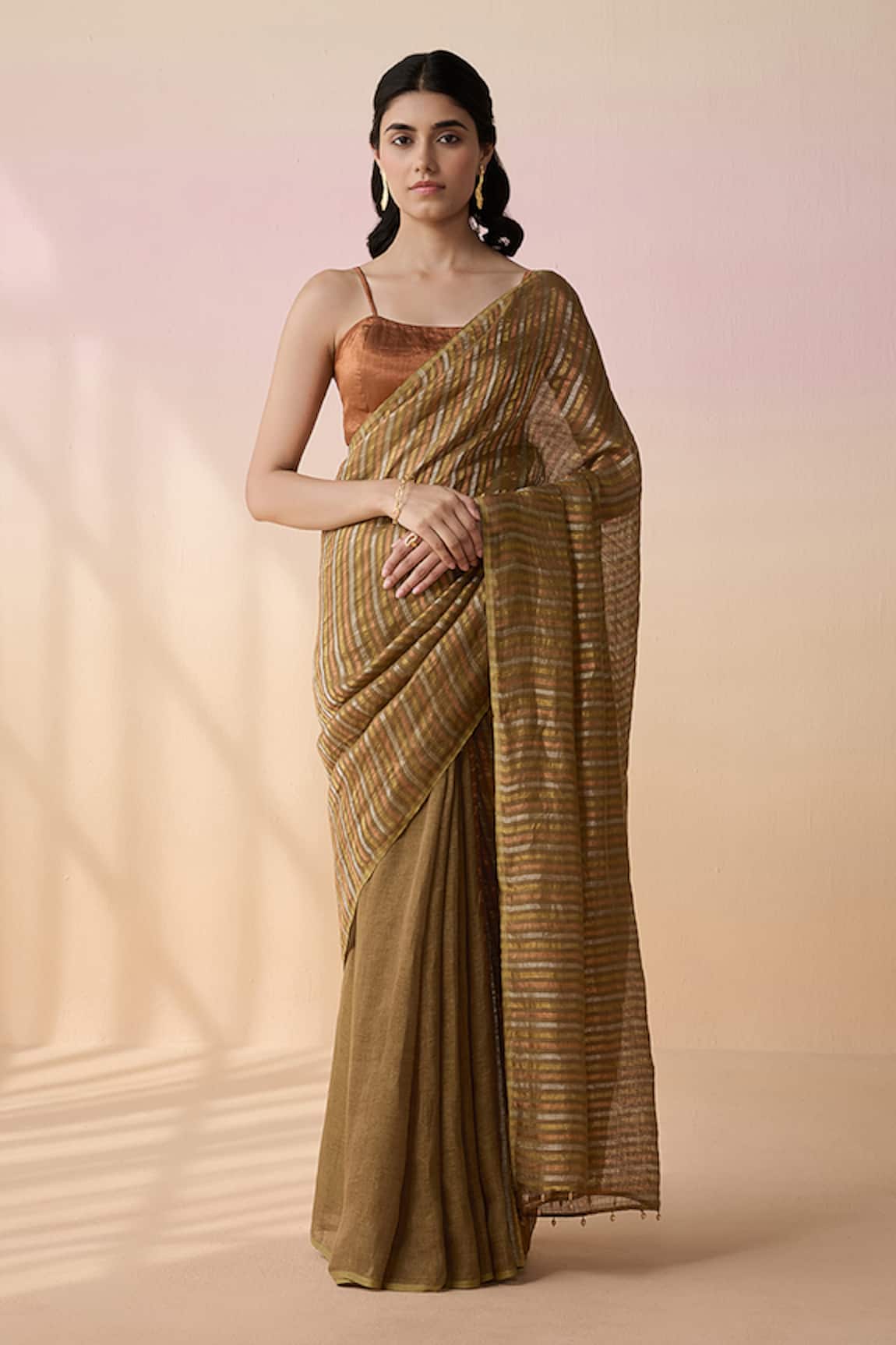Dressfolk Multi Color Handloom Linen Saree Set 