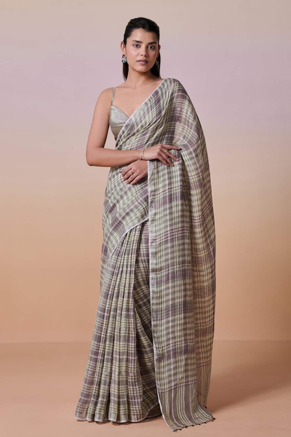 Dressfolk Sage Green & Purple Handloom Linen Saree 