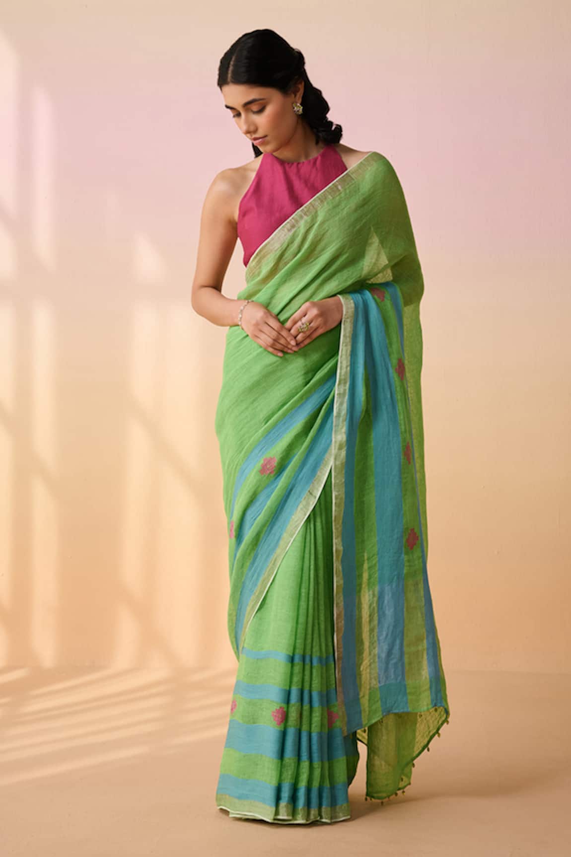 Dressfolk Green Handloom Linen Saree Set 