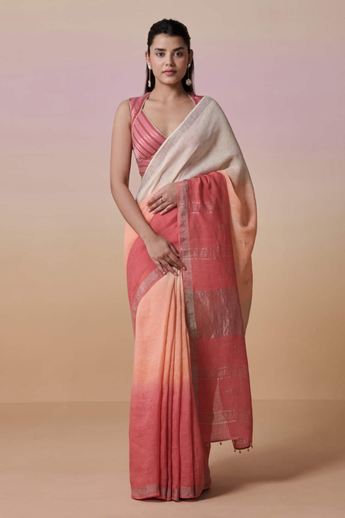 Dressfolk Handloom Linen Pink Ombre Saree Set 