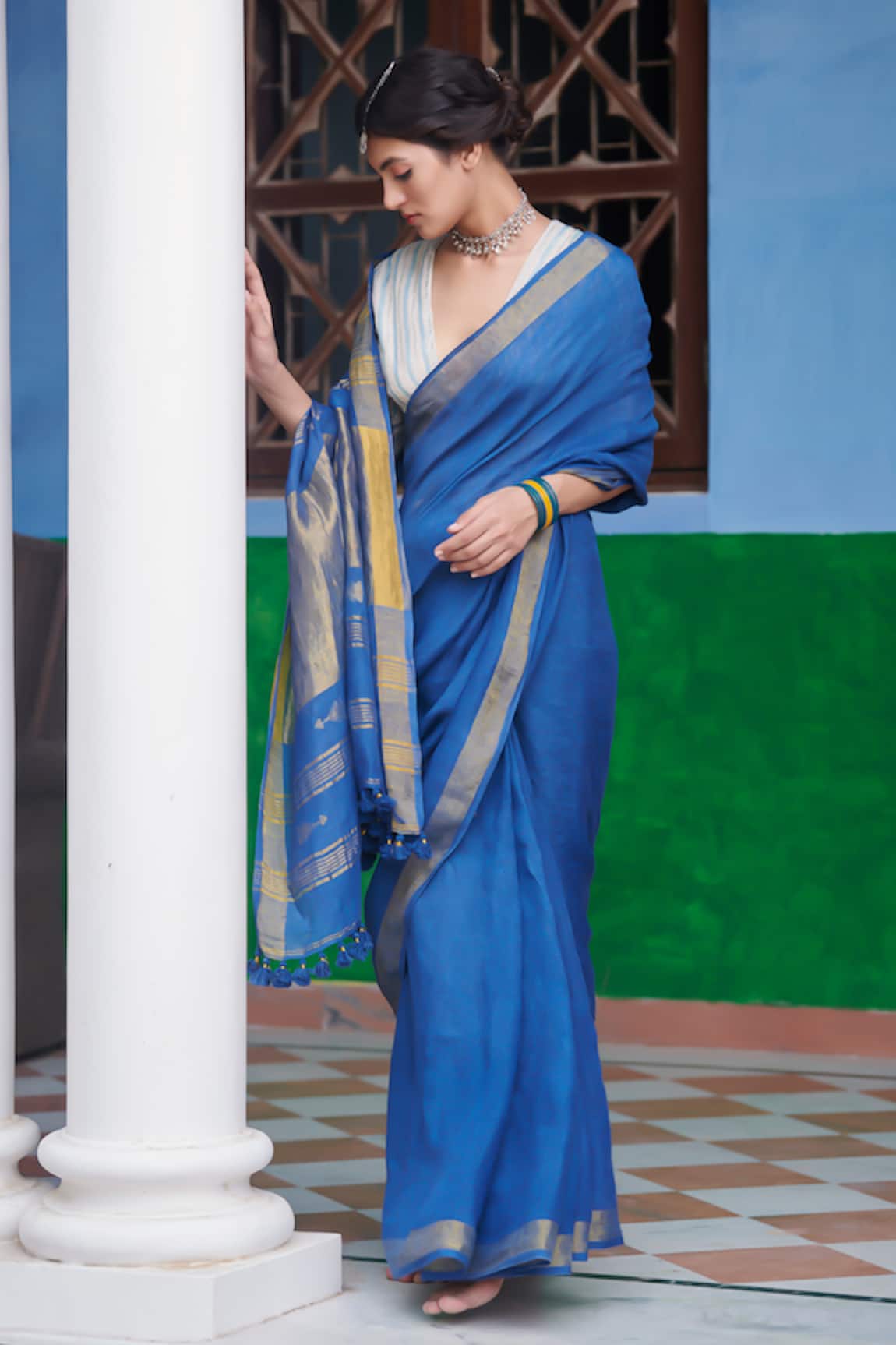 Dressfolk Handloom Linen Blue Saree Set 