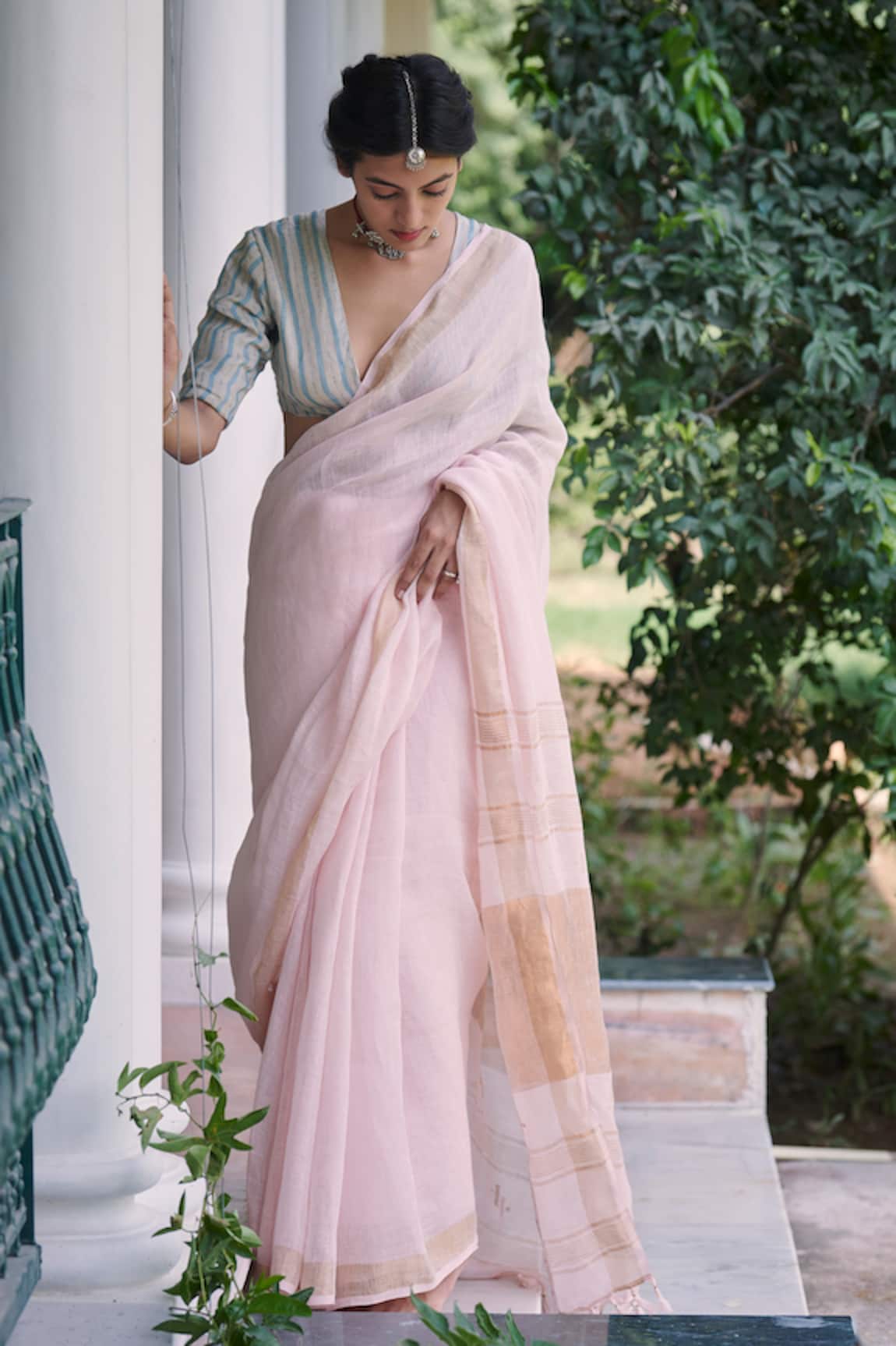 Dressfolk Handloom Linen Pink Saree Set 
