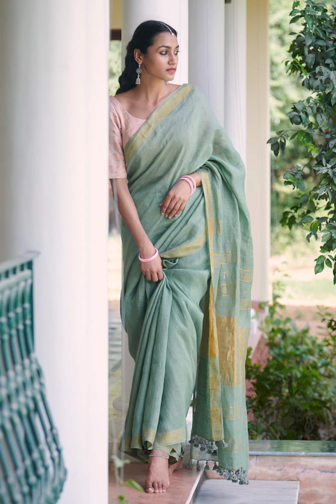 Dressfolk Handloom Linen Sage Green Saree 