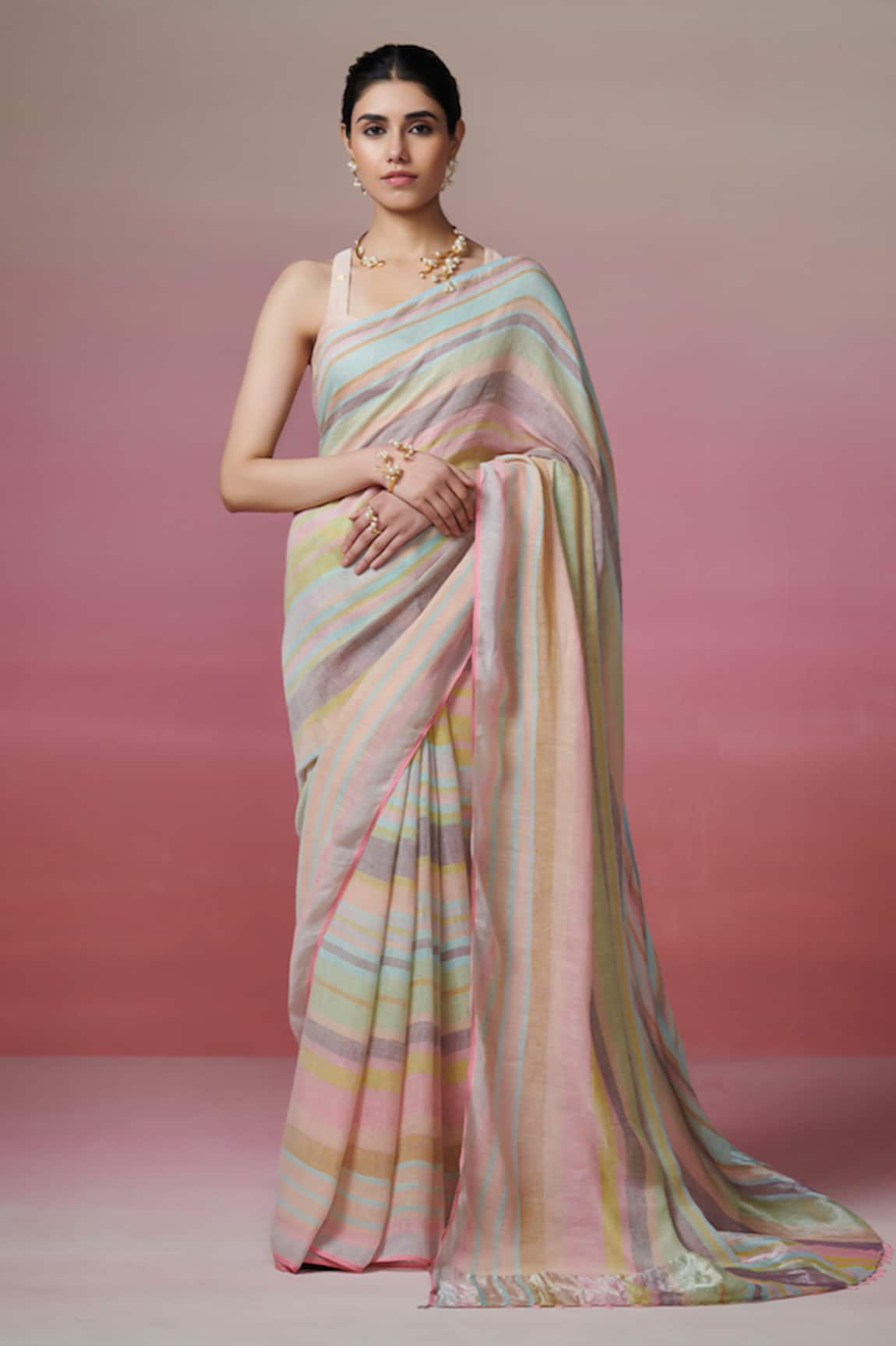 Dressfolk Multi Color Handloom Linen Saree with Blouse 