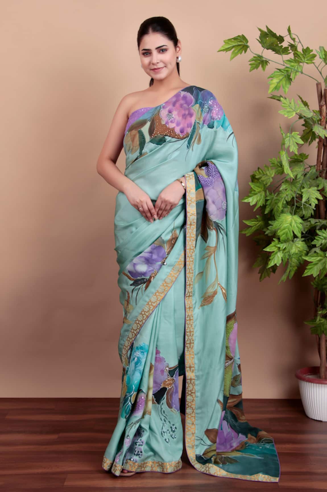 Nidhi Kejriwal Hand-Painted Floral Saree with Running Blouse Piece 
