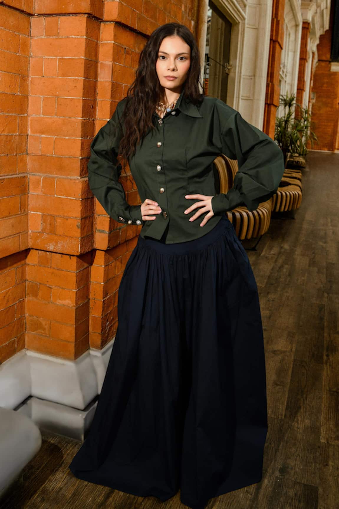 Therealb Olive Cotton Top & Navy Blue Skirt Set 