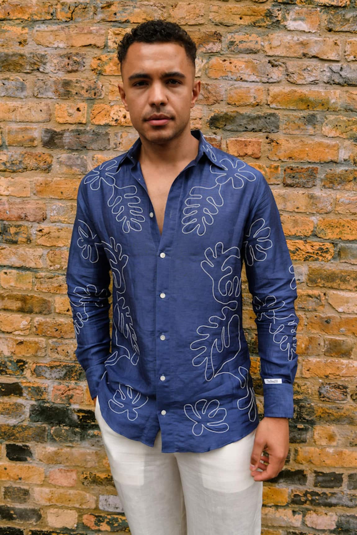 Therealb Designer Linen Shirt With Leaf Embroidery 