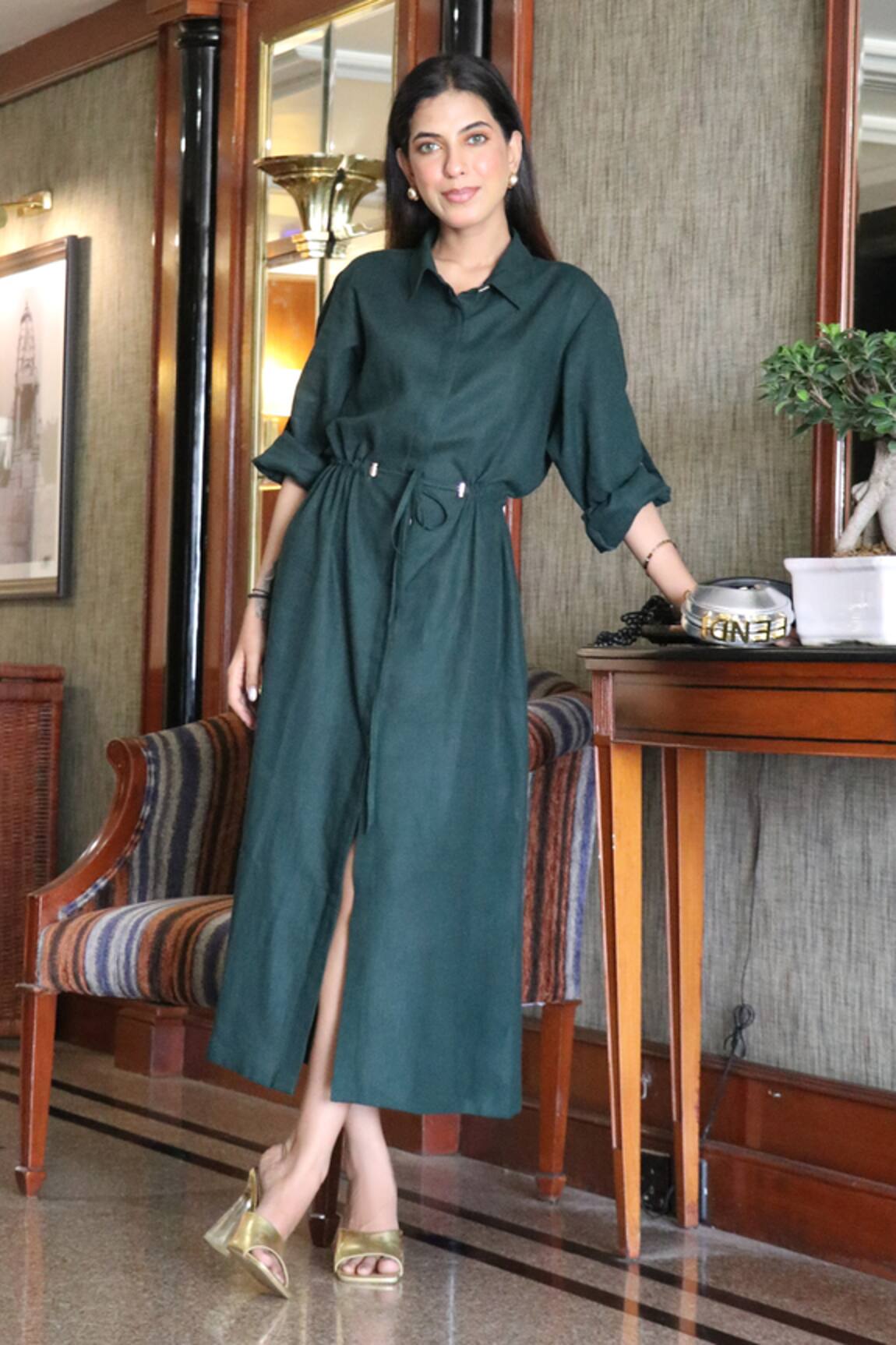 Ekavira Bottle Green Linen Dress 