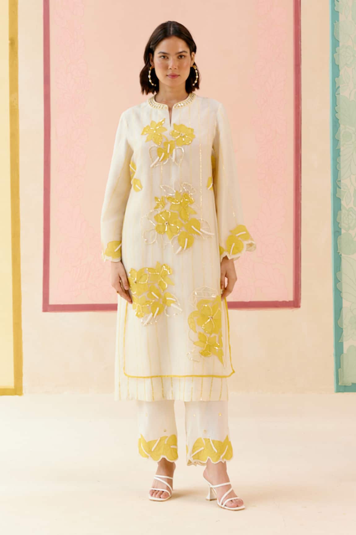 I AM Design Ivory Suit Set with Mustard Applique Work 
