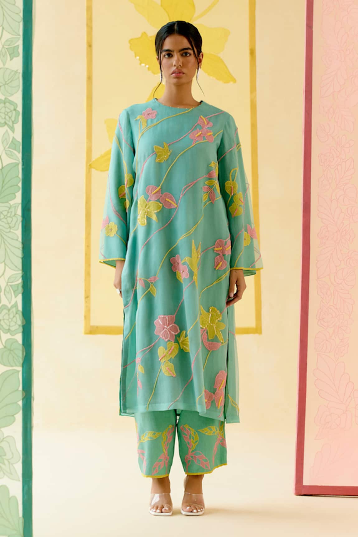 I AM Design Mint Suit Set With Colorful Applique Work 