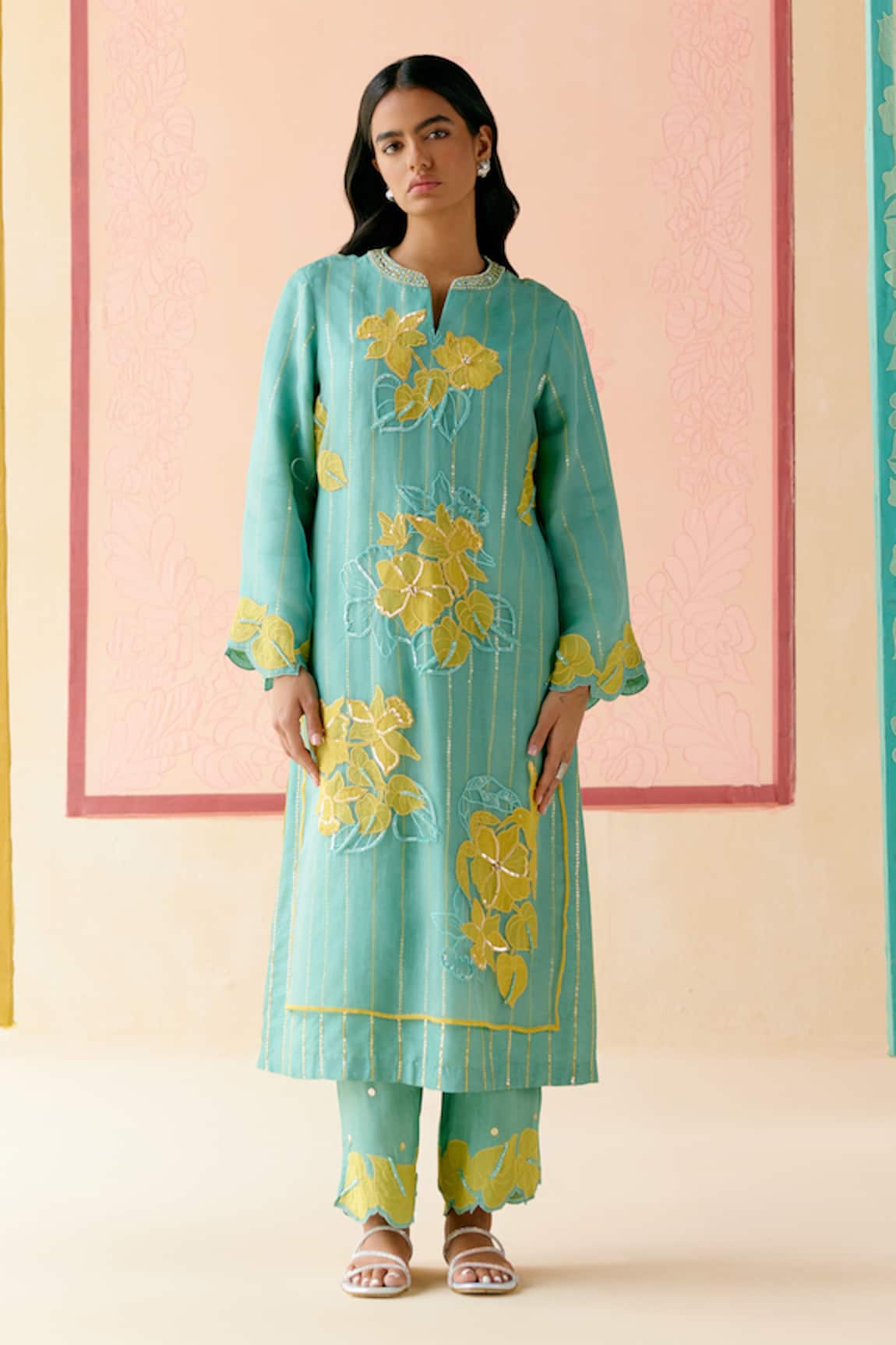 I AM Design Mint Suit Set with Mustard Applique Work 