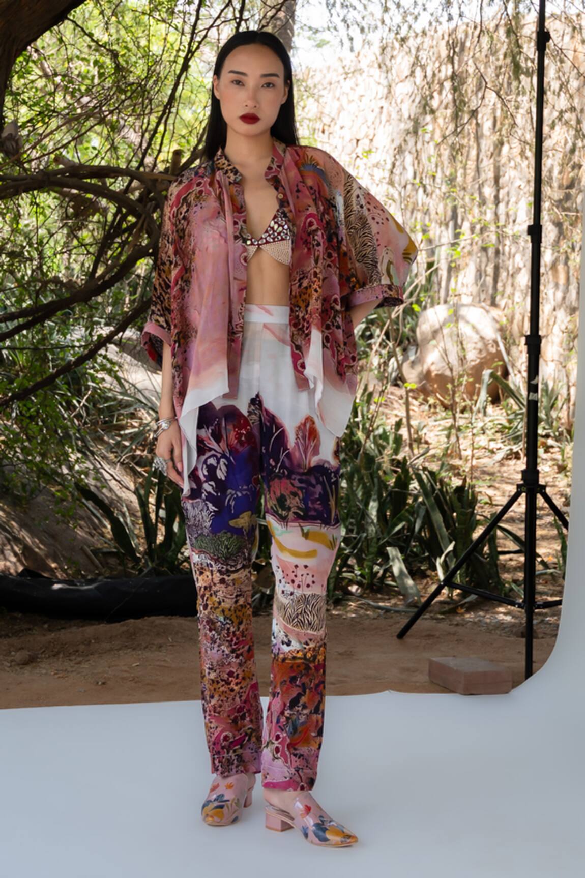 Amka Rose Pink Designer Top Pant Jacket Set