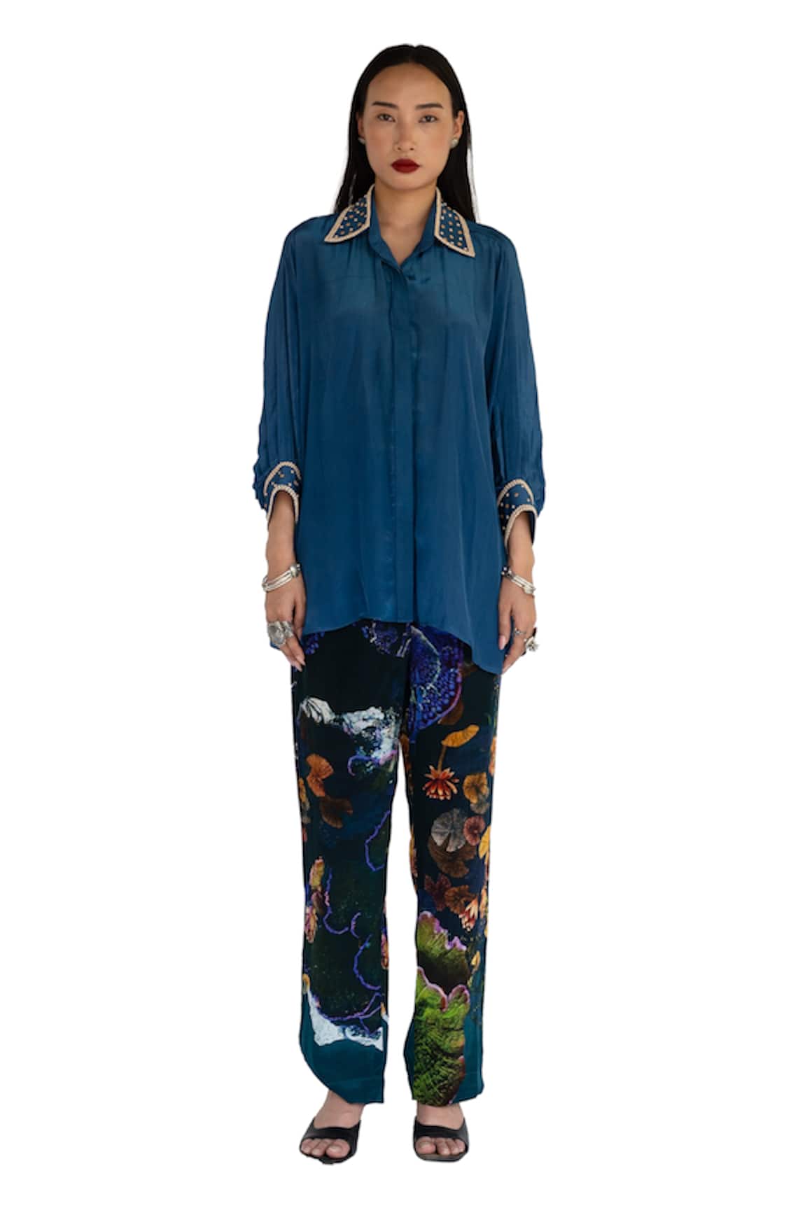 Amka Midnight Blue Silk Shirt & Pant Set 