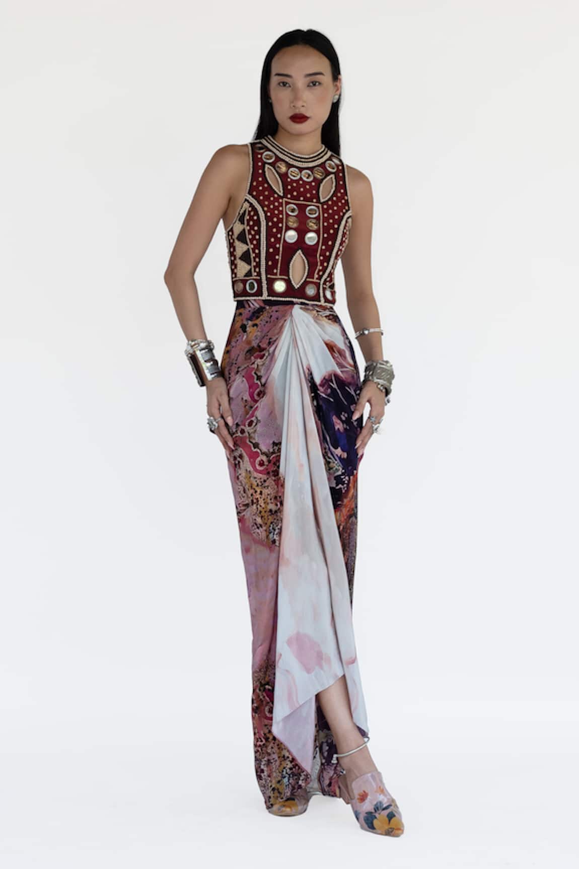 Amka Embroidered Merlot Top & Skirt Set 