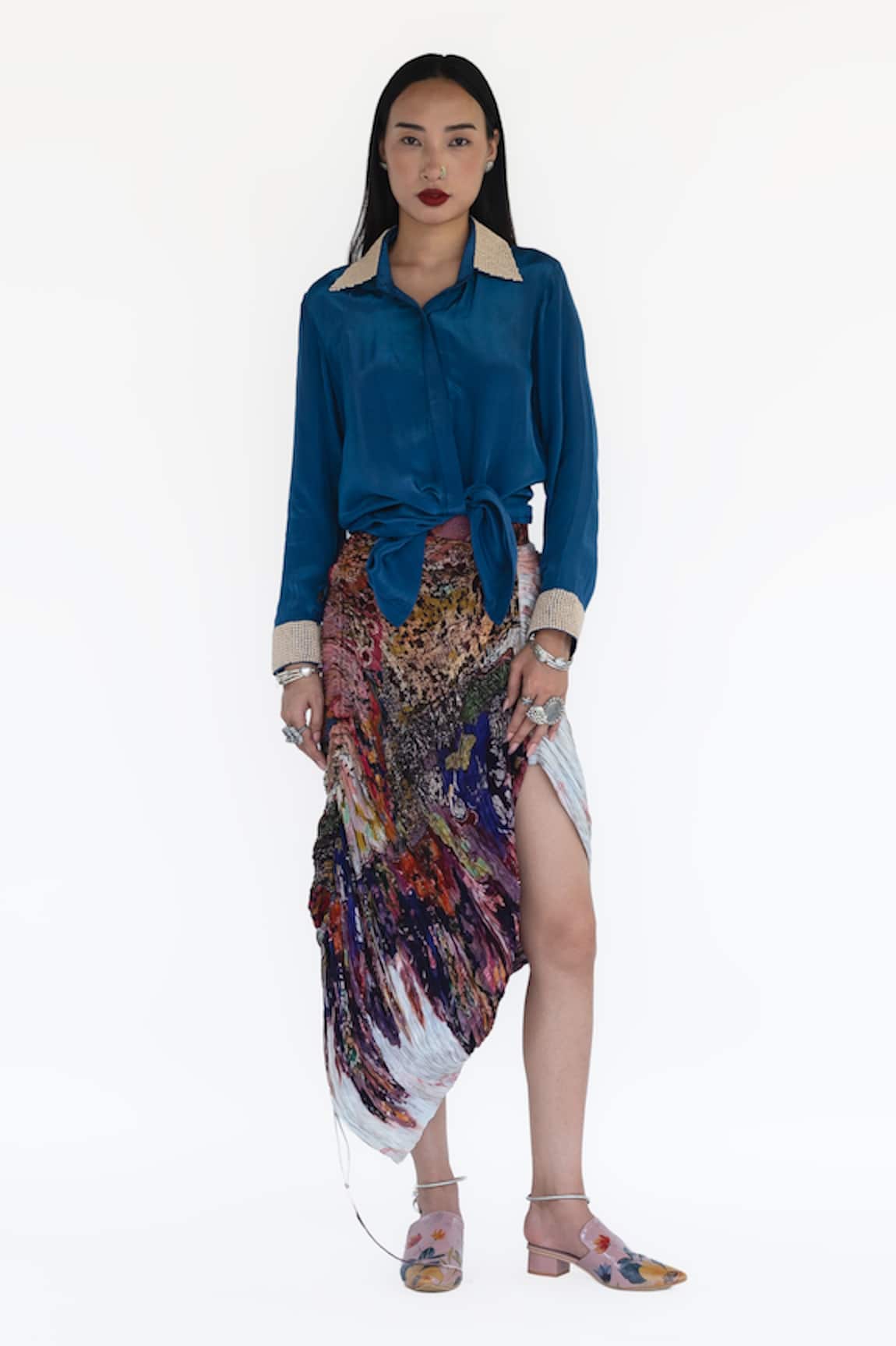 Amka Sea Blue Shirt & Rose Pink Skirt Set 