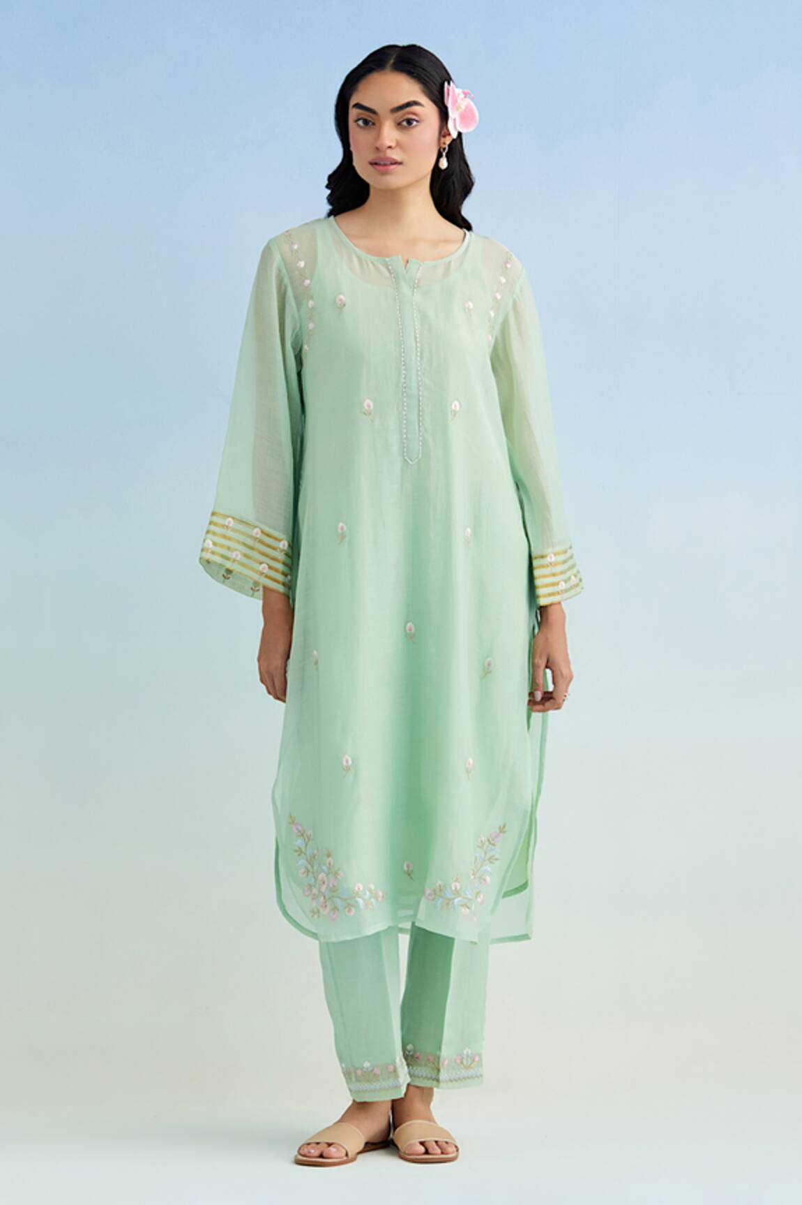 Anantaa By Roohi Machine Embroidered Green Kurta Pant Set 