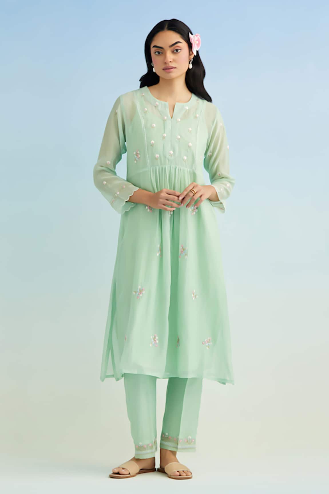 Anantaa By Roohi Green Embroidered Kurta Pant Set 