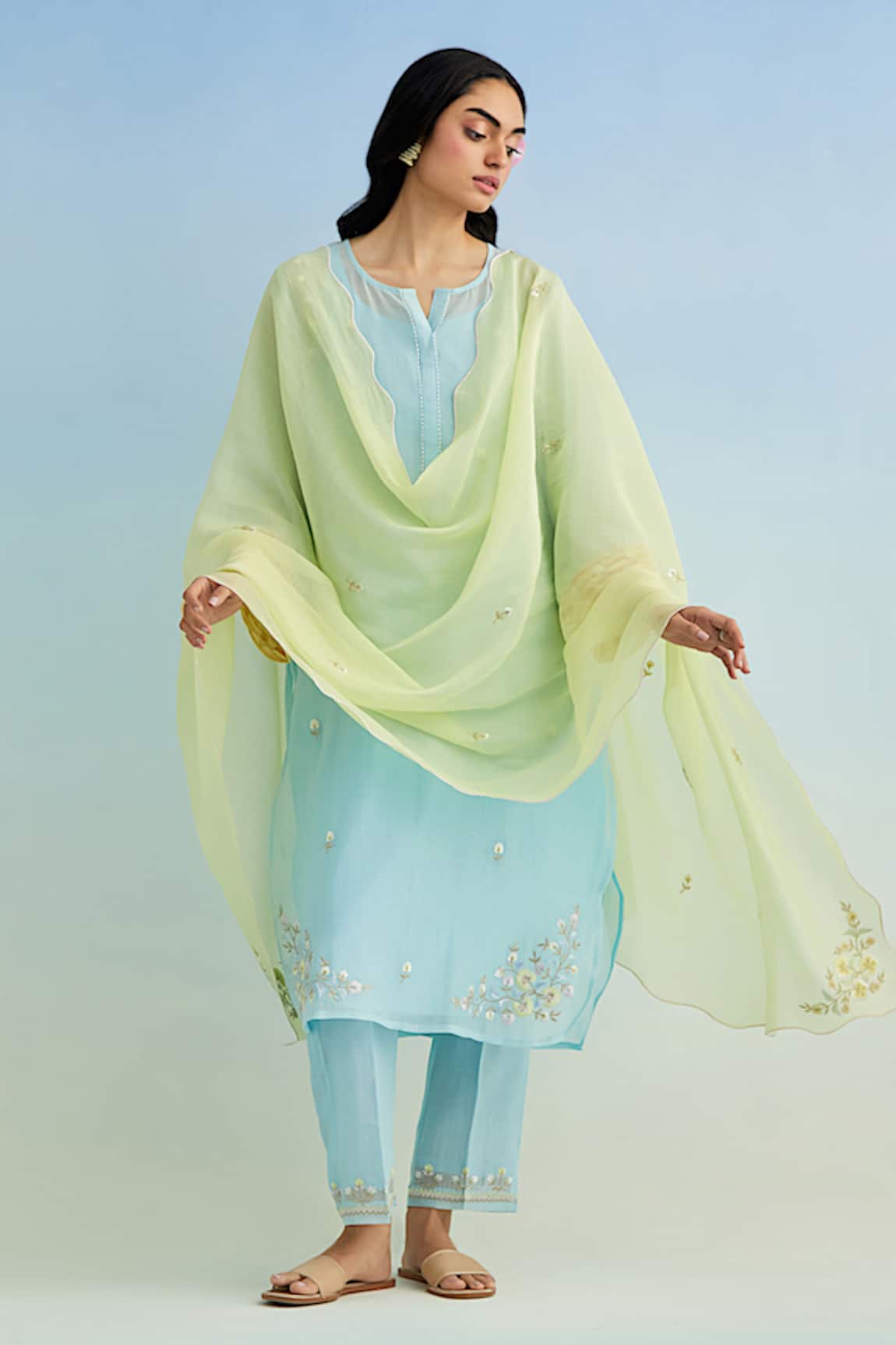 Anantaa By Roohi Blue Mul Chanderi Kurta Set with Yellow Dupatta 