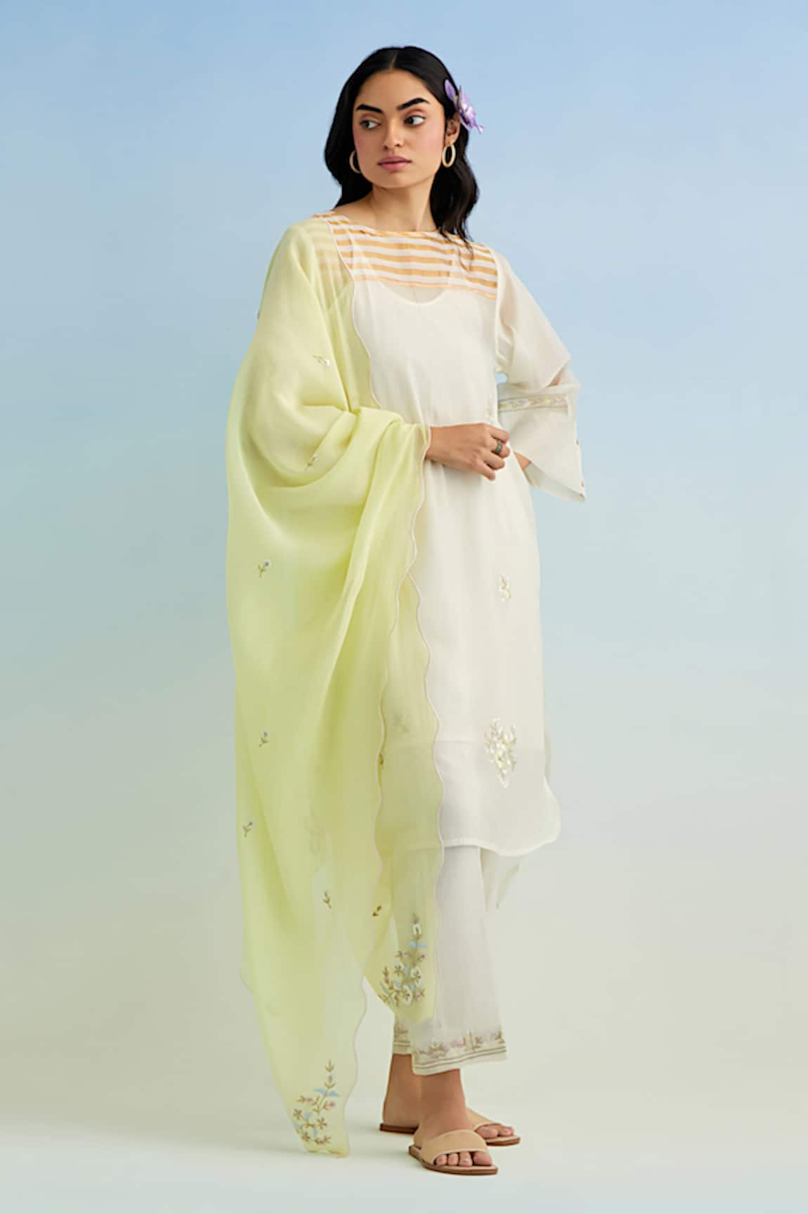 Anantaa By Roohi Ivory Chanderi Kurta Set with Yellow Dupatta 