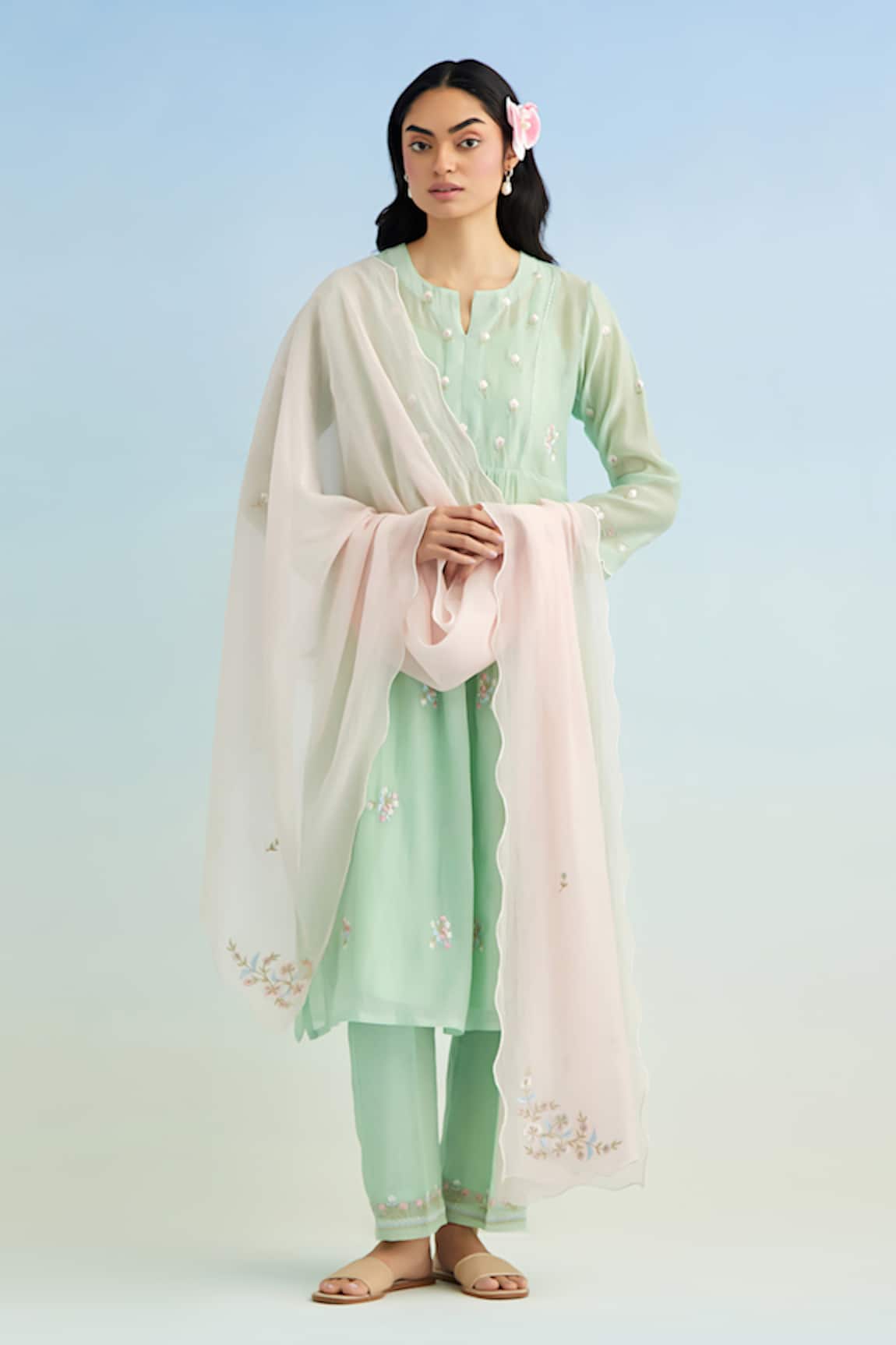 Anantaa By Roohi Green Embroidered Kurta Set with Pink Dupatta 