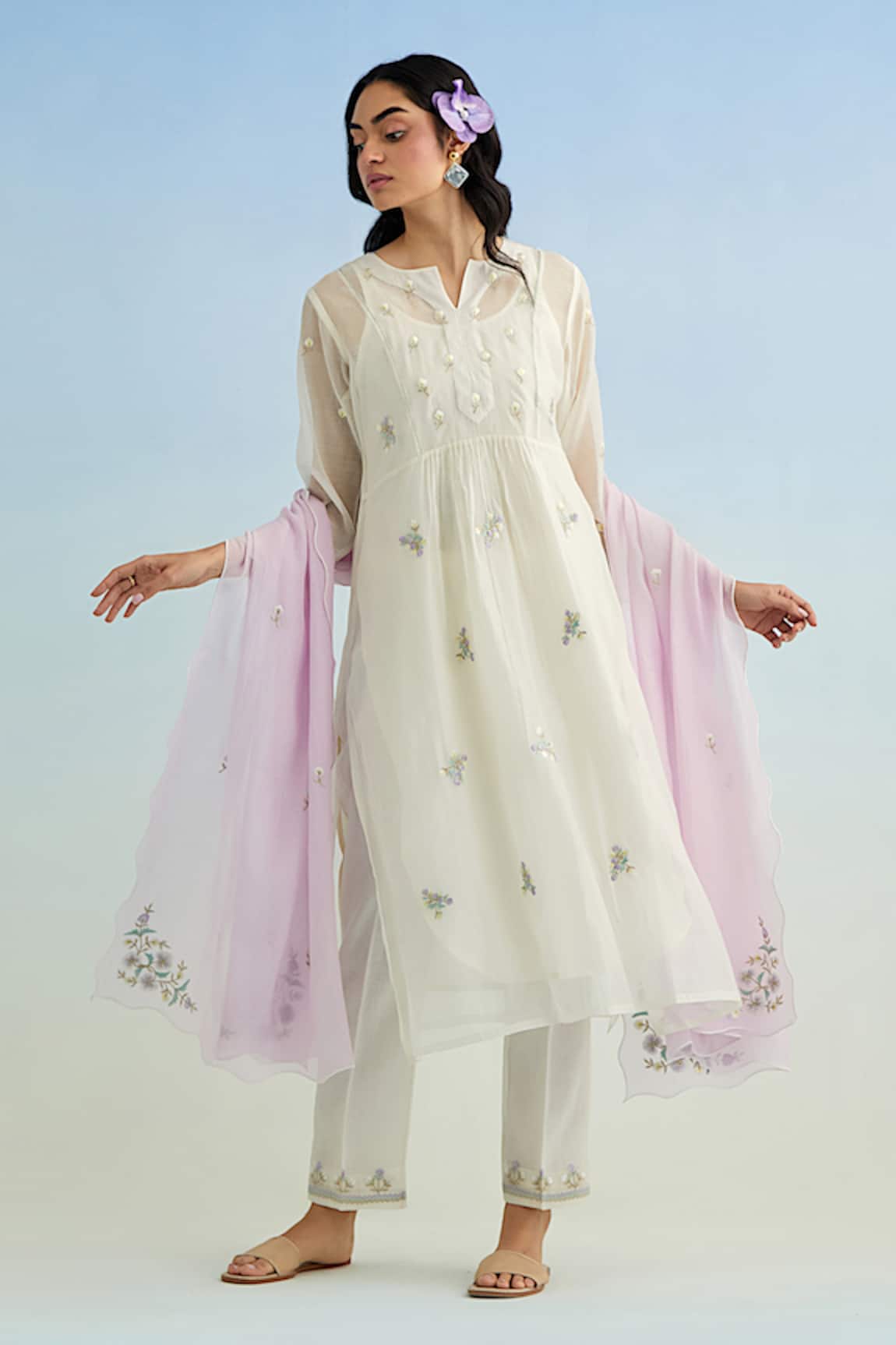 Anantaa By Roohi Ivory Embroidered Kurta Set with Lilac Dupatta 