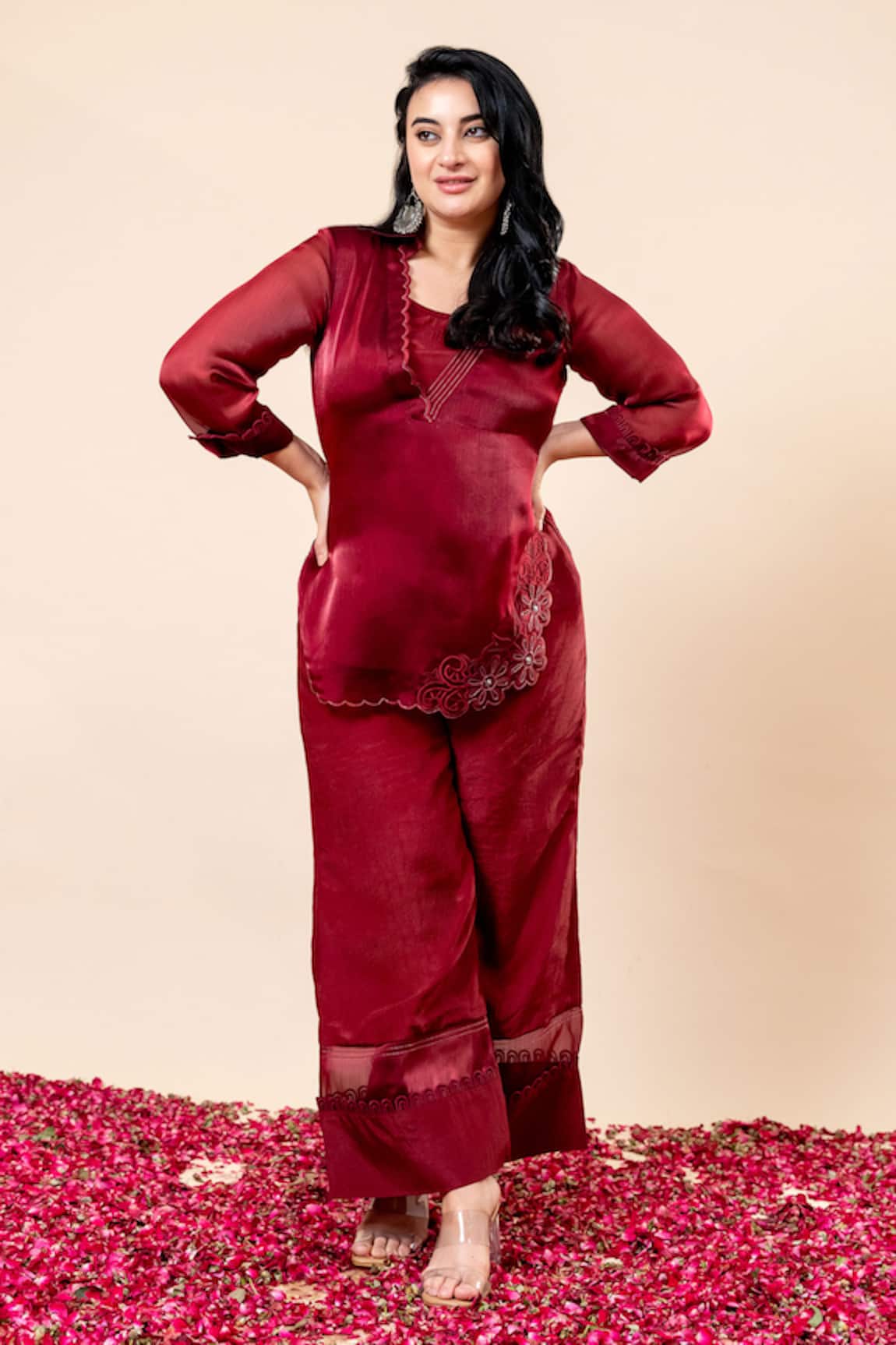 Mamicha Rose Wood Organza Chiffon Kurta Pant Set 