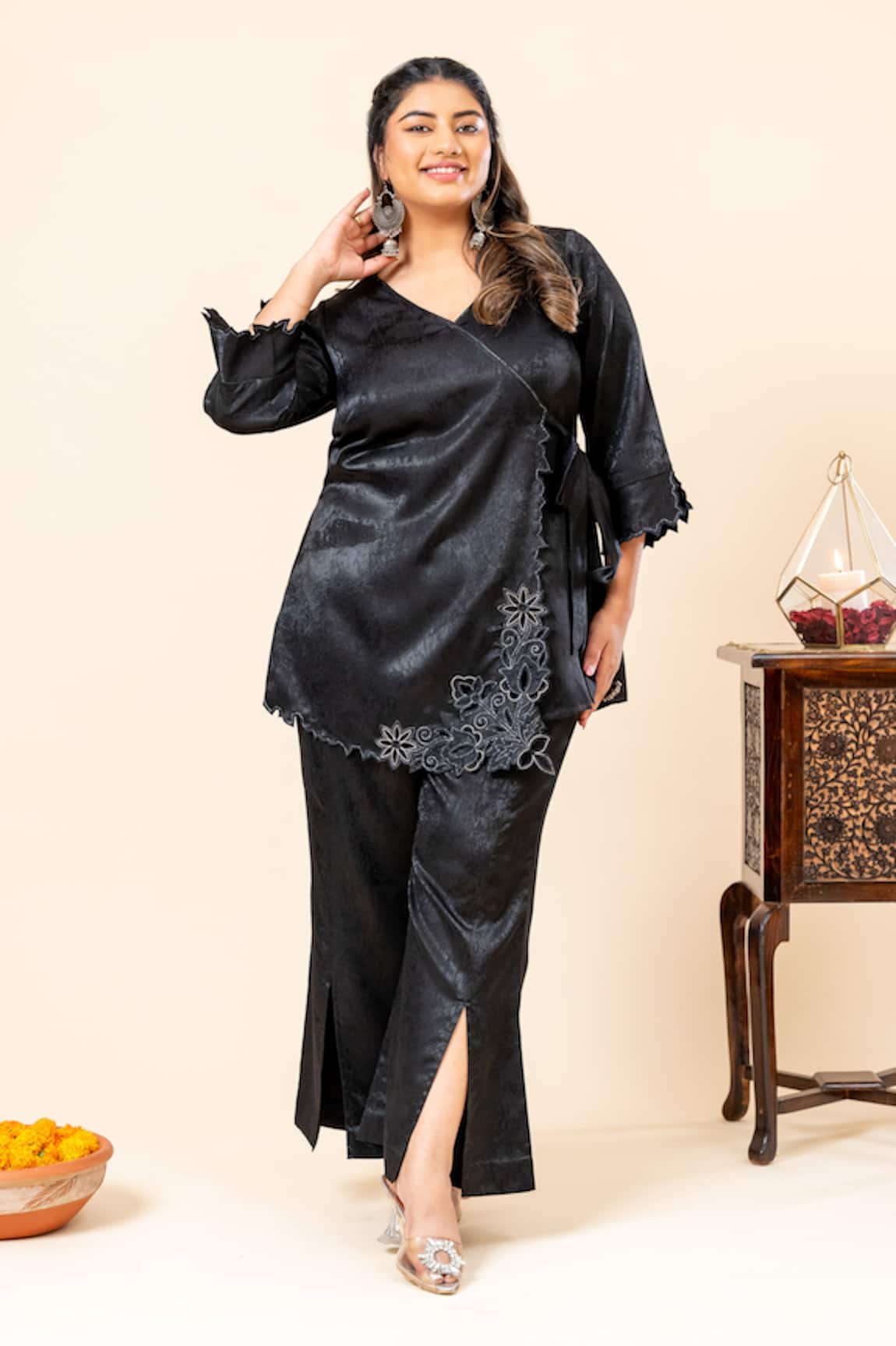 Mamicha Black Space Satin Angrakha & Pant Set 