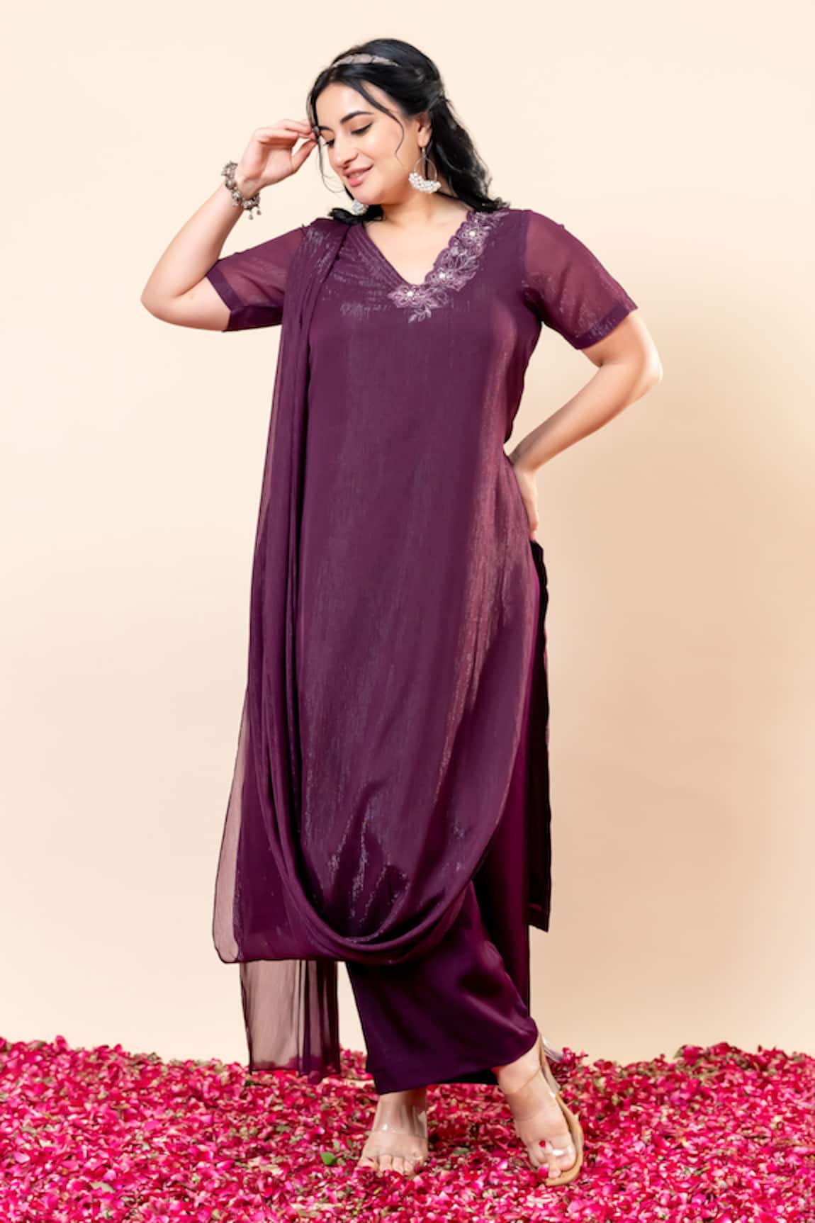 Mamicha Wine Flat Shimmer Chiffon Kurta Set 