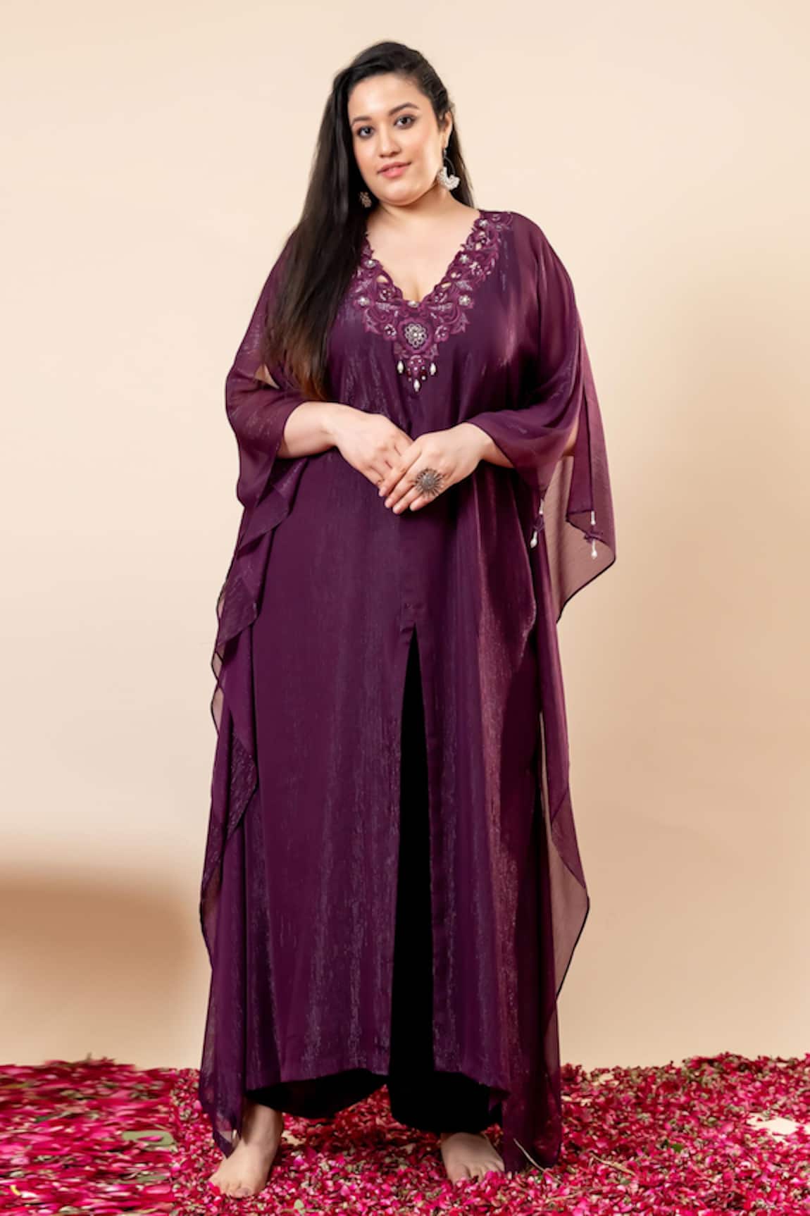 Mamicha Wine Flat Shimmer Chiffon Kaftan Set 
