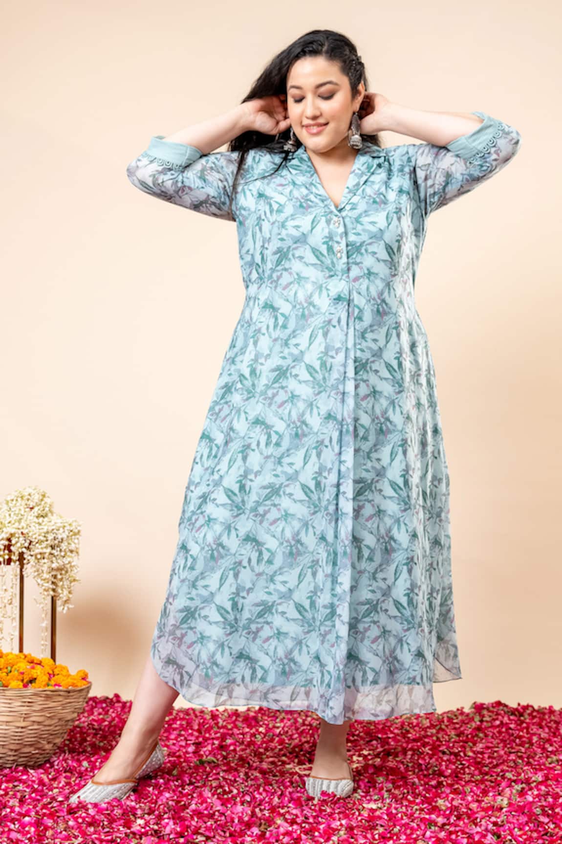 Mamicha Cyan-Blue Floral Print Dress 