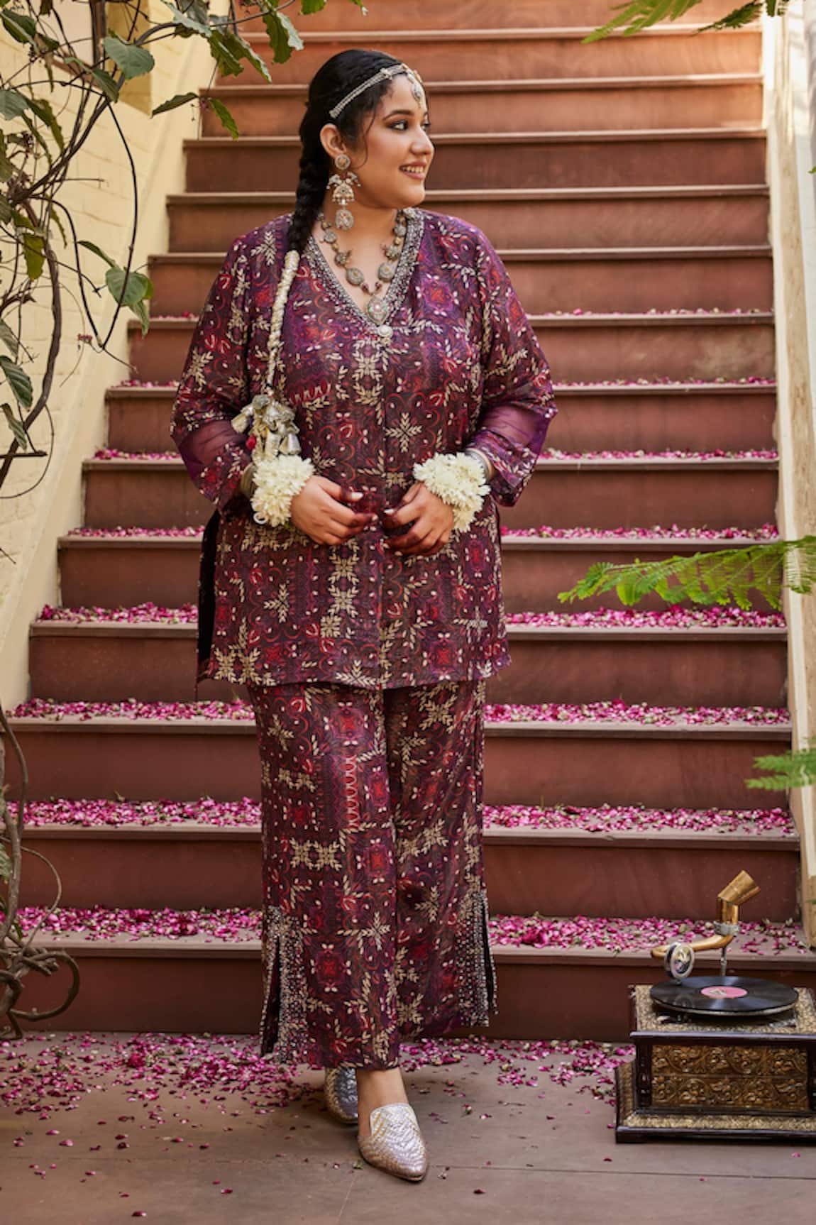 Mamicha Wine Italian Crepe Kurta Pant Set 