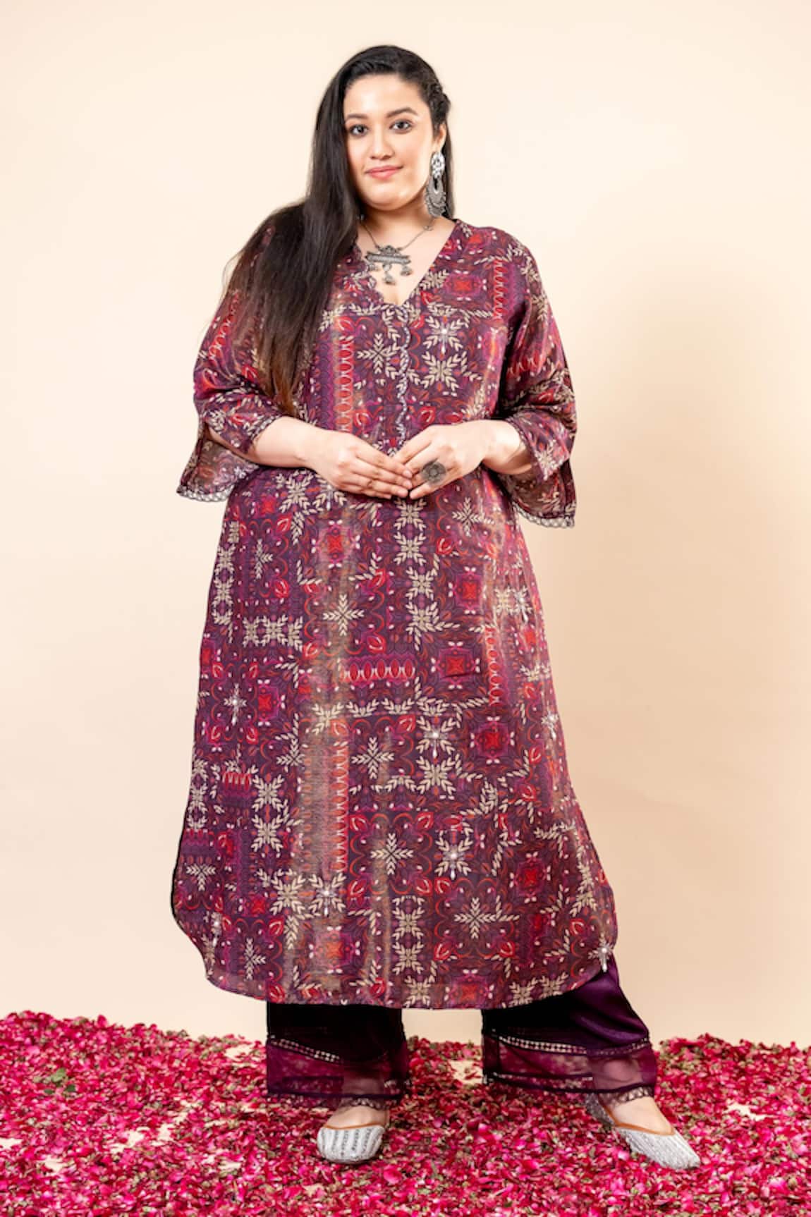 Mamicha Wine Printed Kurta Pant Set 
