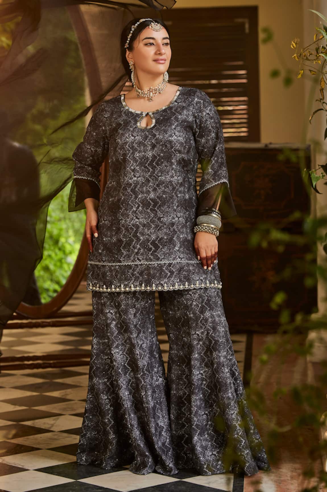 Mamicha Black Embroidered Kurta Sharara Set 