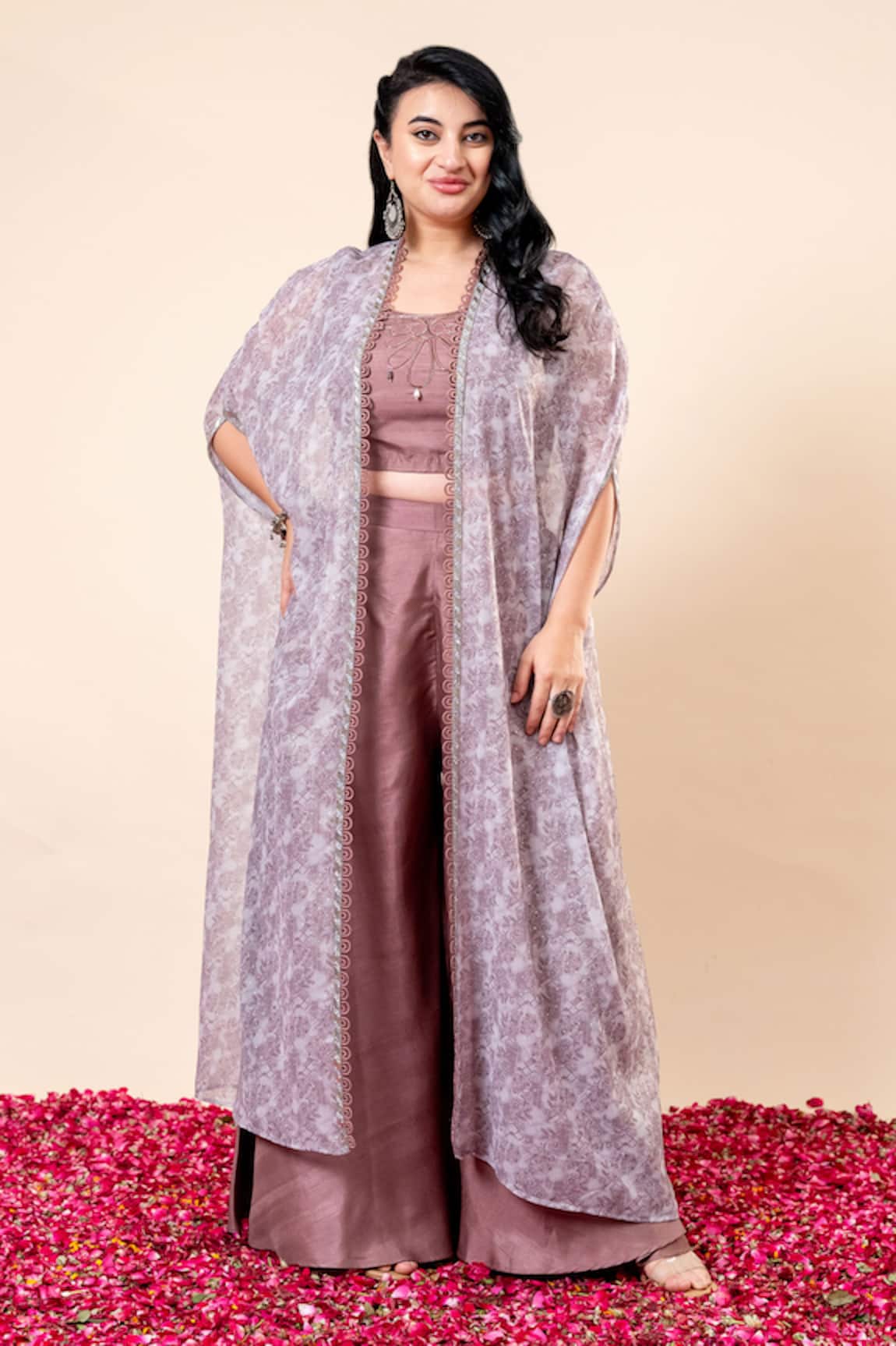 Mamicha Floral Cape Set With Flared Pant 