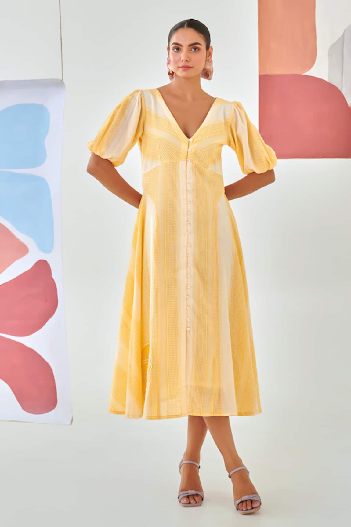 Moontara Yellow Check A Line Dress With Floral Detail 